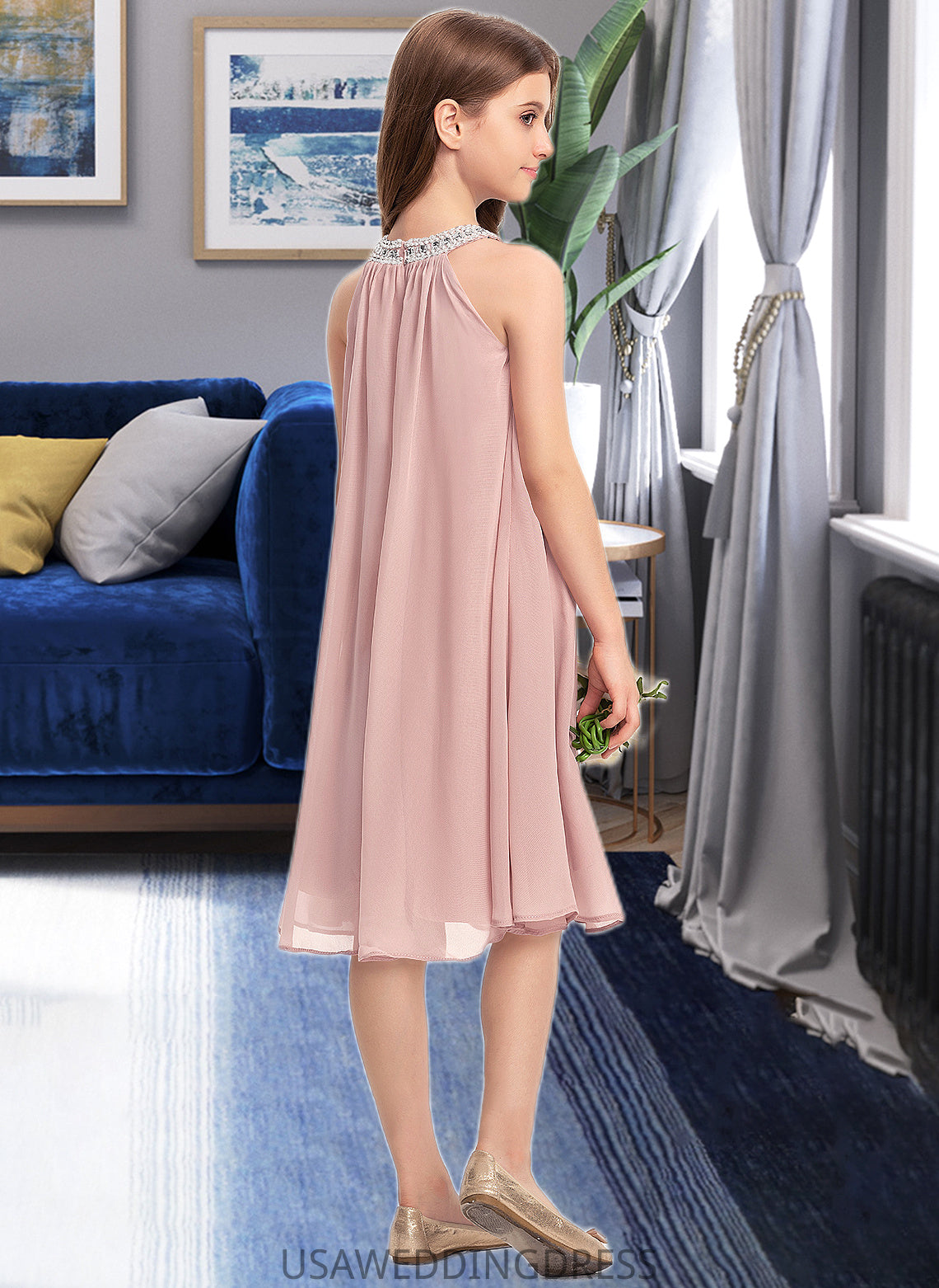 Jewel A-Line Scoop Neck Knee-Length Chiffon Junior Bridesmaid Dress With Beading Sequins DSP0013365