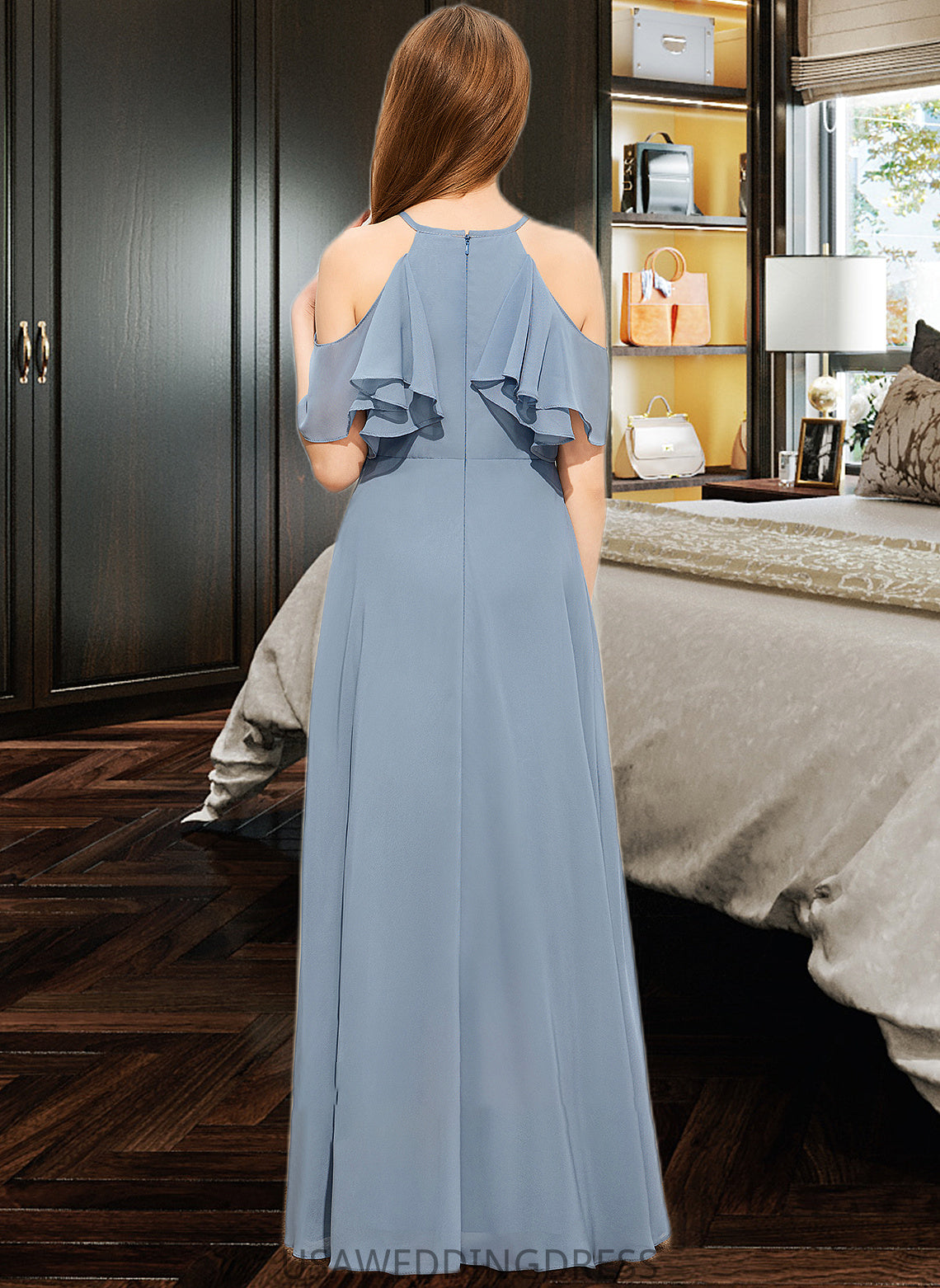 Alula A-Line Scoop Neck Floor-Length Chiffon Junior Bridesmaid Dress With Cascading Ruffles DSP0013367