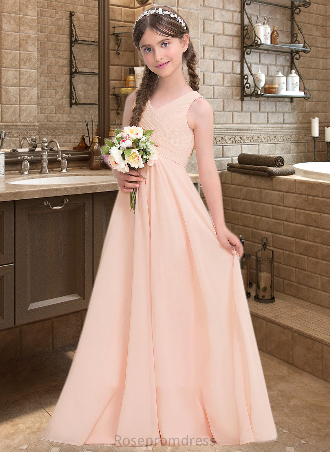 Tiara A-Line V-neck Floor-Length Chiffon Junior Bridesmaid Dress With Ruffle SRSP0013368