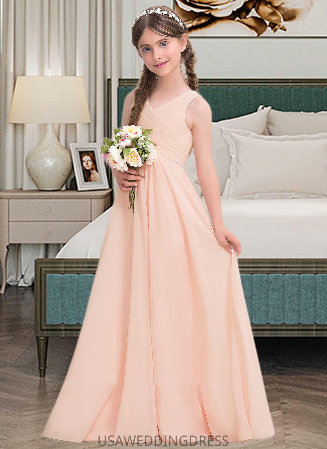 Harper A-Line V-neck Floor-Length Chiffon Junior Bridesmaid Dress With Ruffle DSP0013368