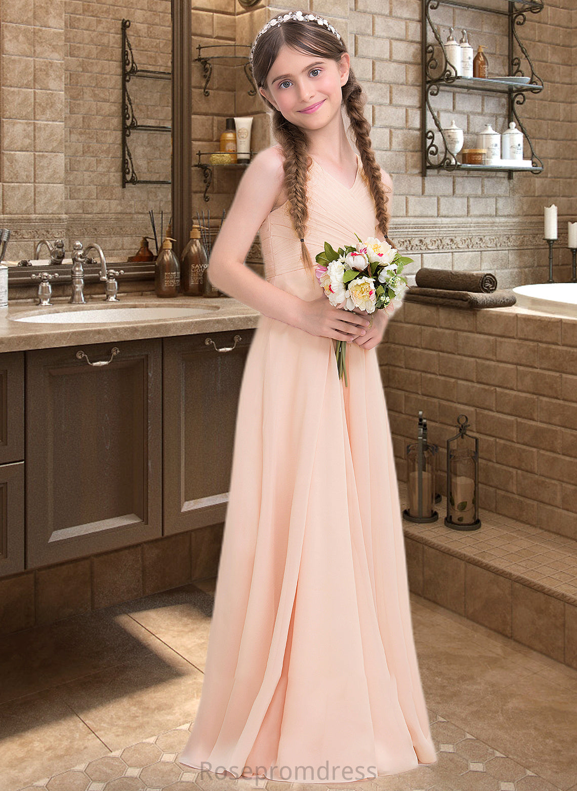 Tiara A-Line V-neck Floor-Length Chiffon Junior Bridesmaid Dress With Ruffle SRSP0013368