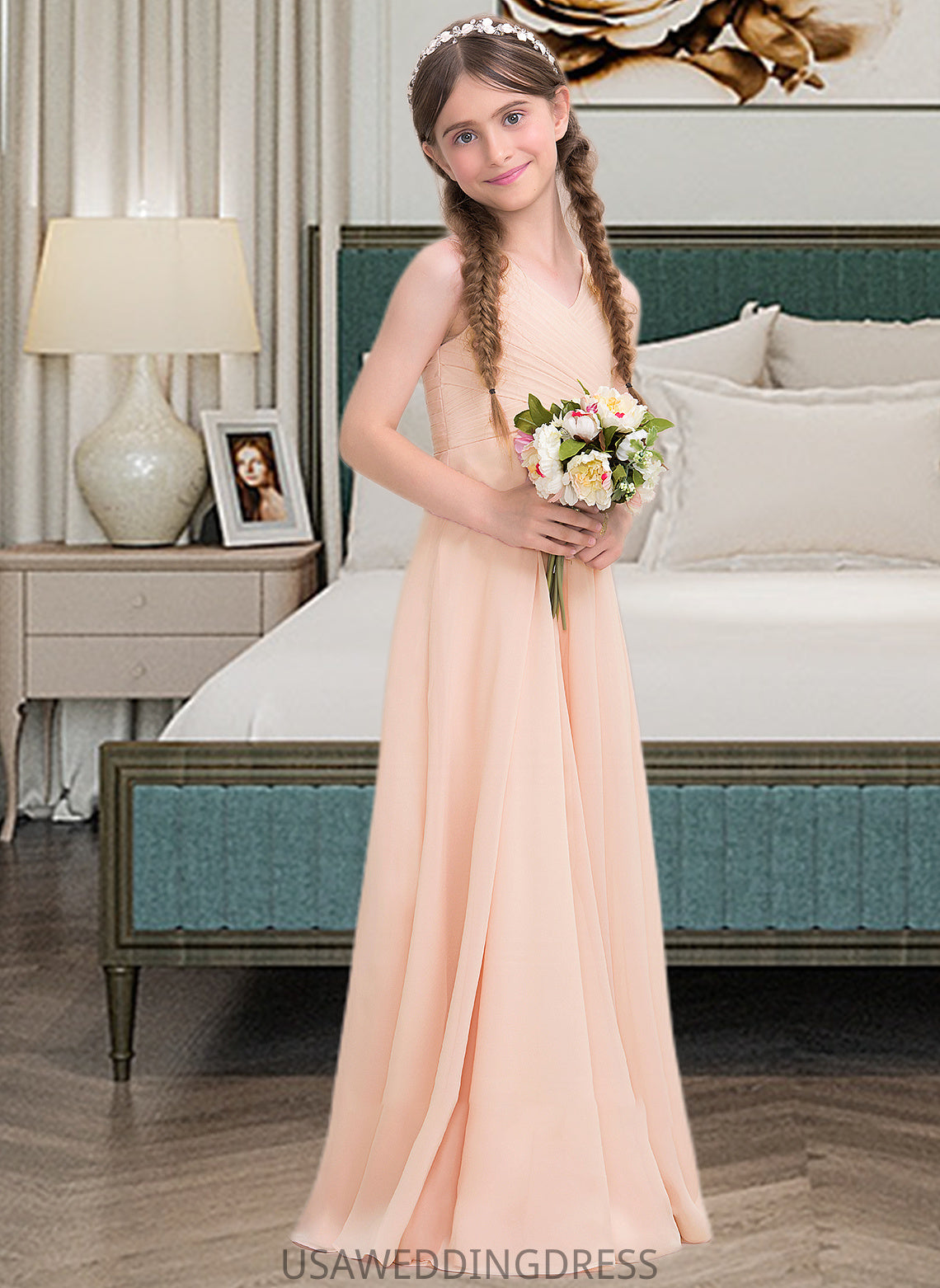 Harper A-Line V-neck Floor-Length Chiffon Junior Bridesmaid Dress With Ruffle DSP0013368