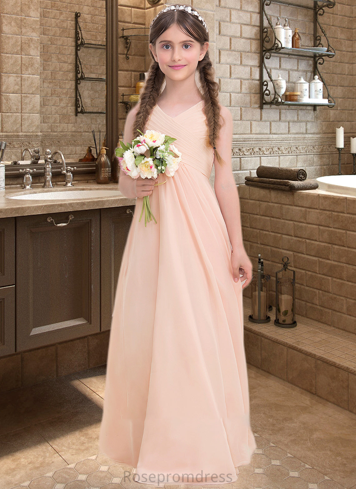 Tiara A-Line V-neck Floor-Length Chiffon Junior Bridesmaid Dress With Ruffle SRSP0013368