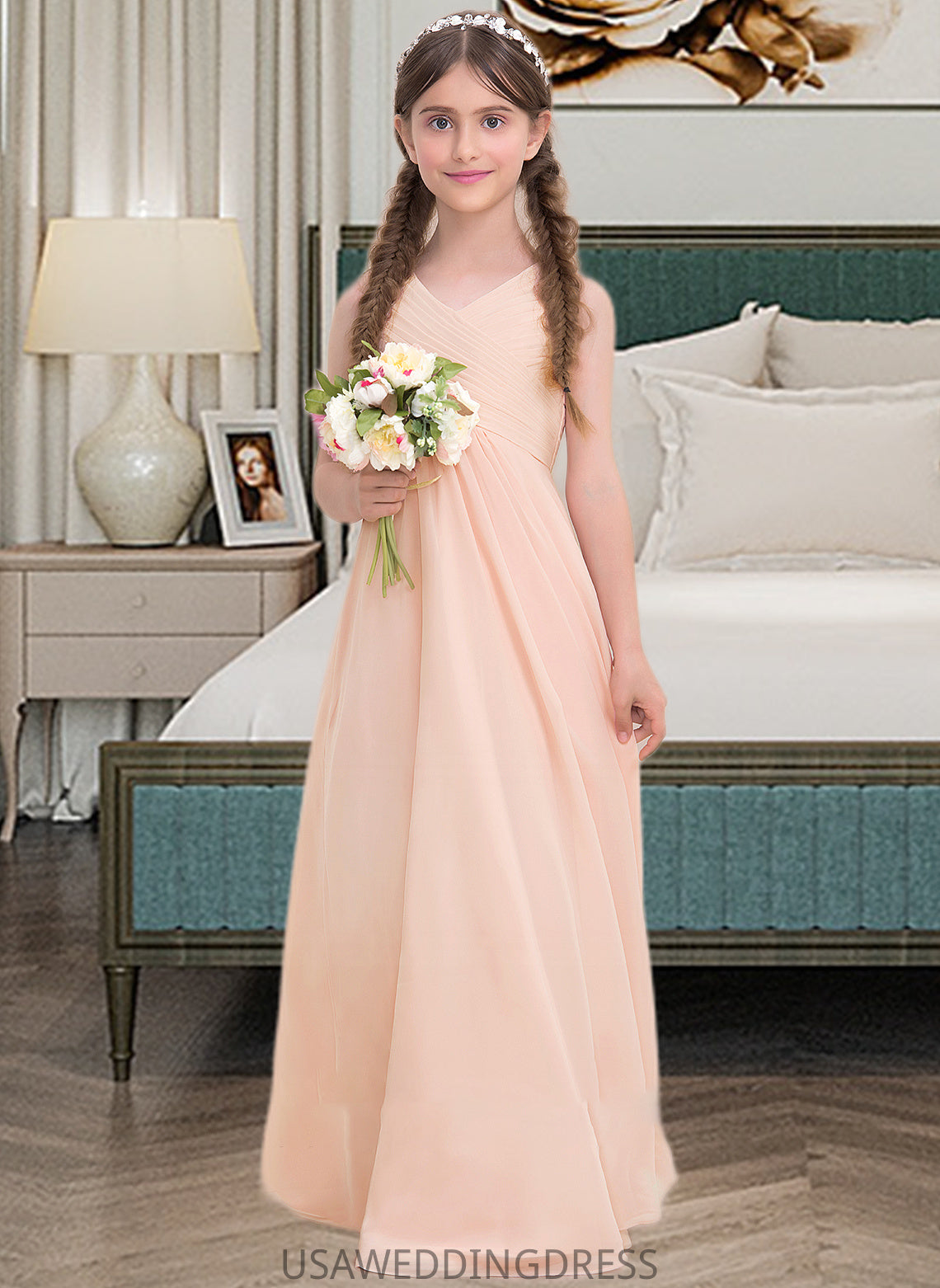 Harper A-Line V-neck Floor-Length Chiffon Junior Bridesmaid Dress With Ruffle DSP0013368