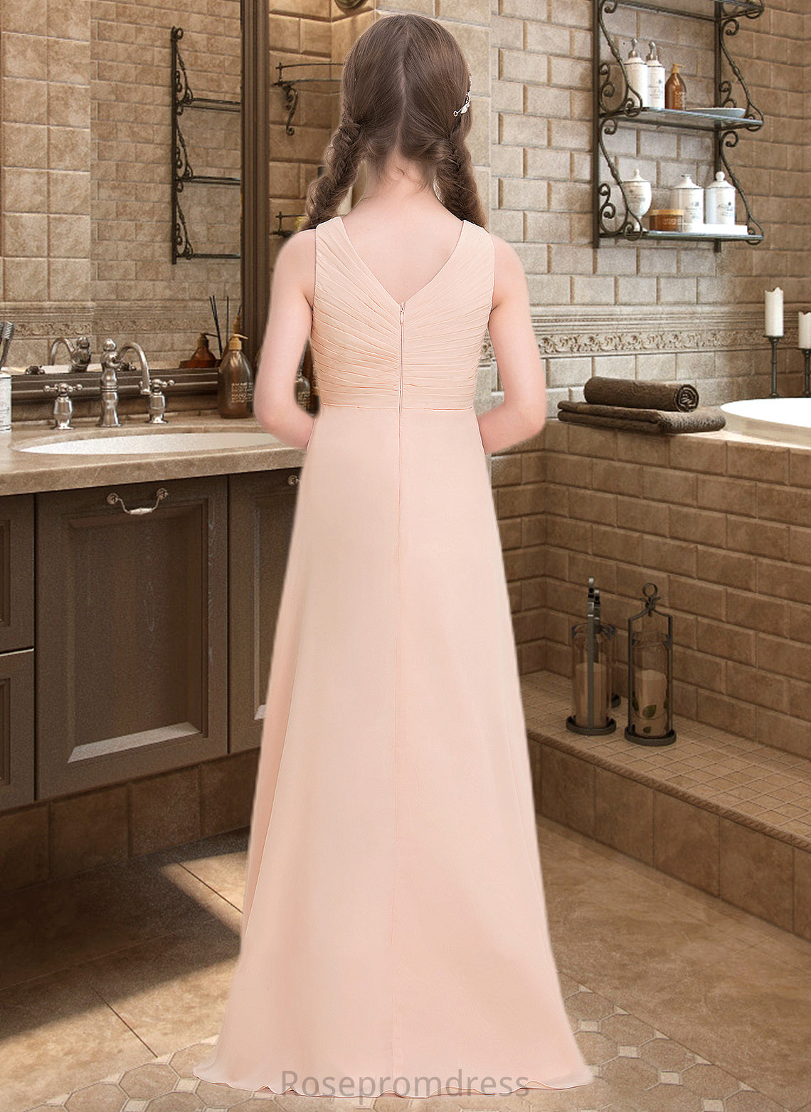 Tiara A-Line V-neck Floor-Length Chiffon Junior Bridesmaid Dress With Ruffle SRSP0013368