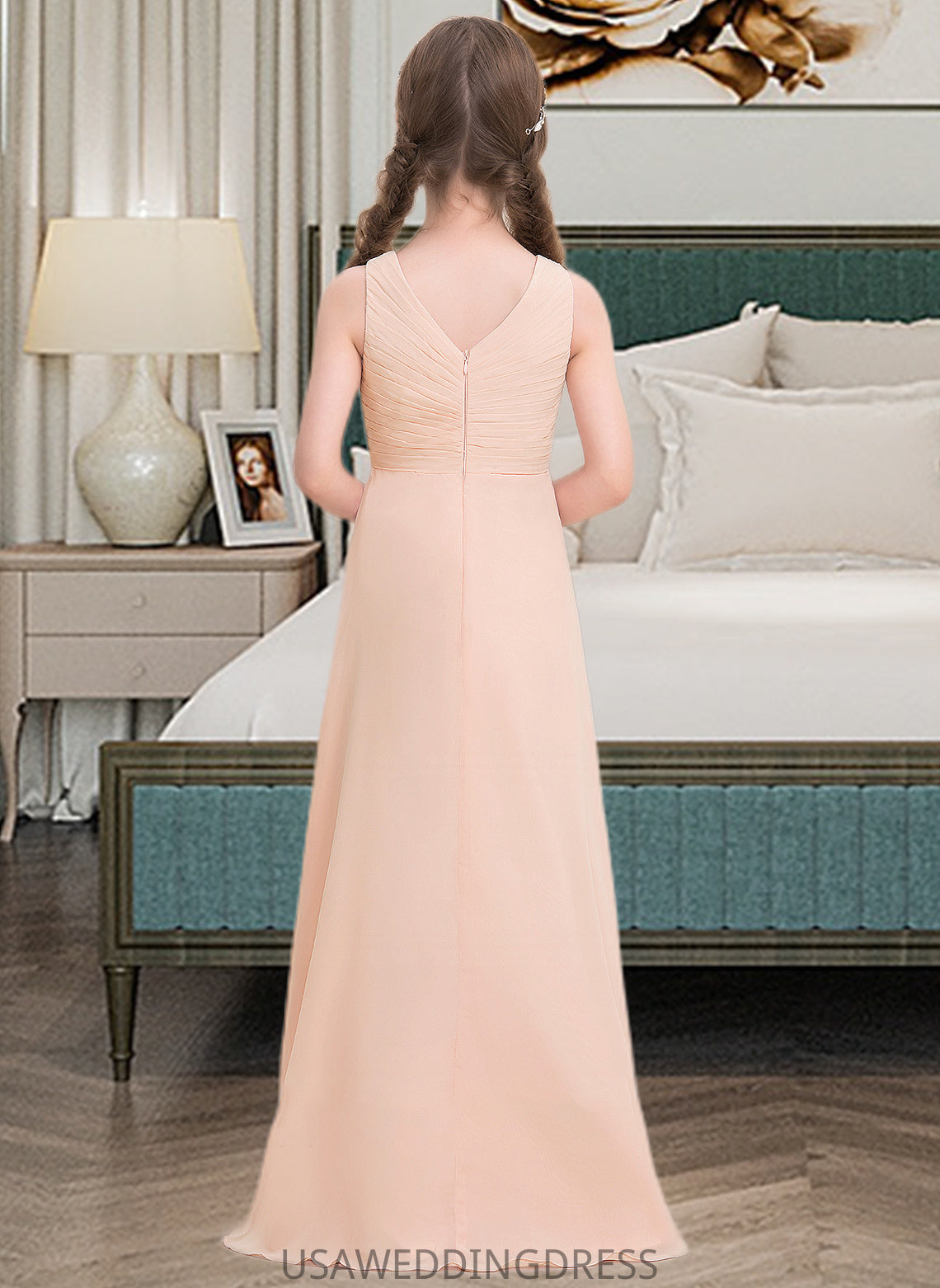 Harper A-Line V-neck Floor-Length Chiffon Junior Bridesmaid Dress With Ruffle DSP0013368