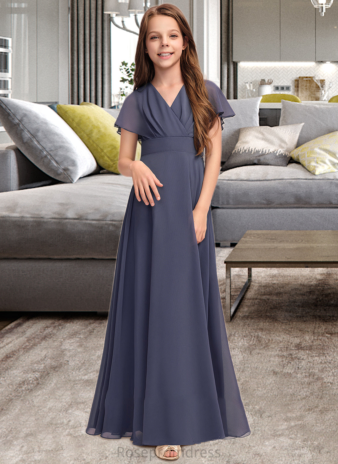 Jaelyn A-Line V-neck Floor-Length Chiffon Junior Bridesmaid Dress With Ruffle Bow(s) SRSP0013369