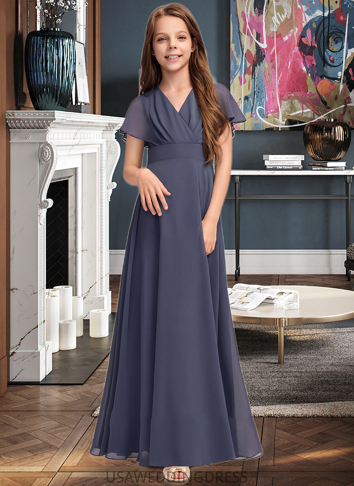 Leia A-Line V-neck Floor-Length Chiffon Junior Bridesmaid Dress With Ruffle Bow(s) DSP0013369