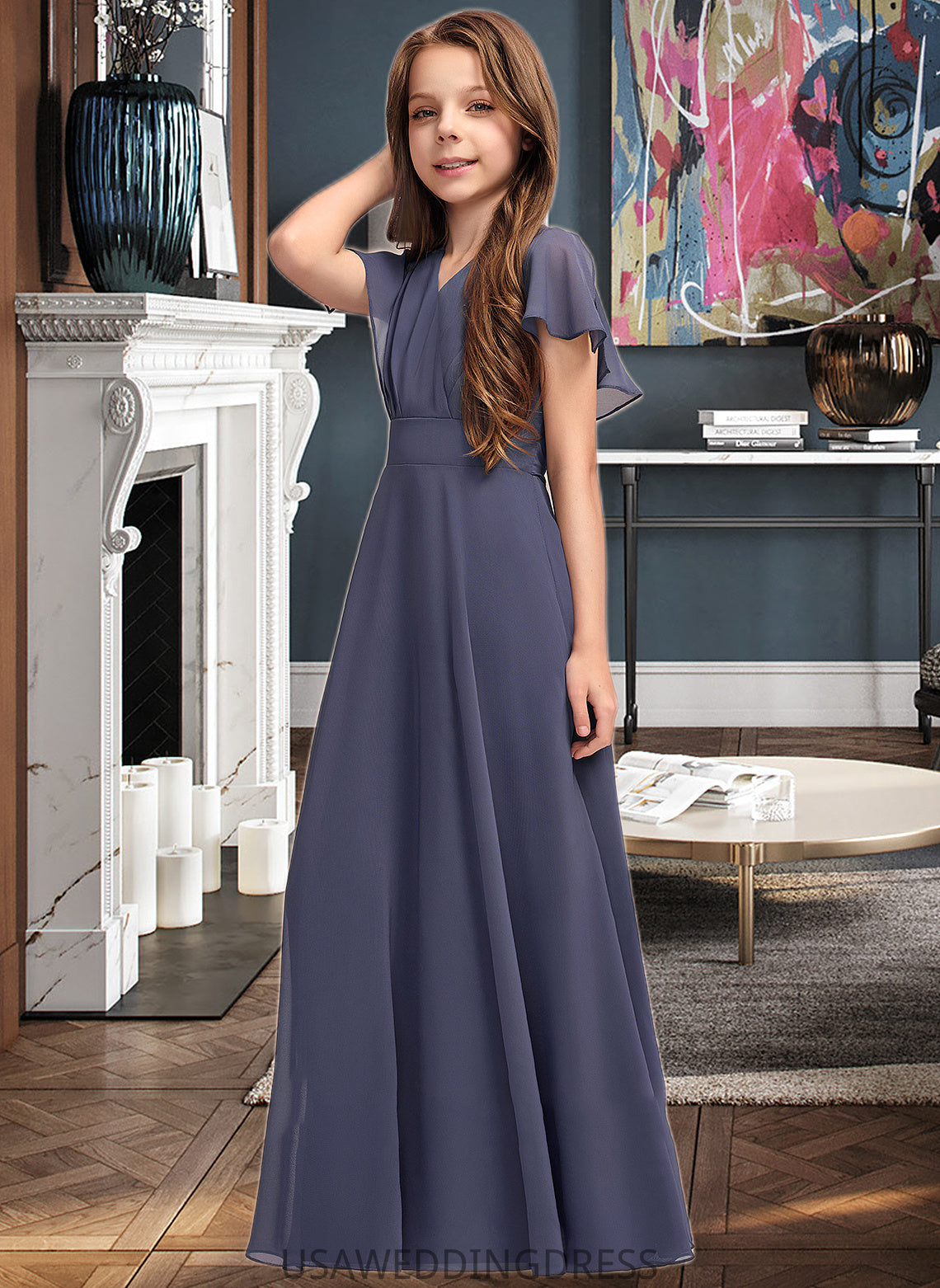 Leia A-Line V-neck Floor-Length Chiffon Junior Bridesmaid Dress With Ruffle Bow(s) DSP0013369