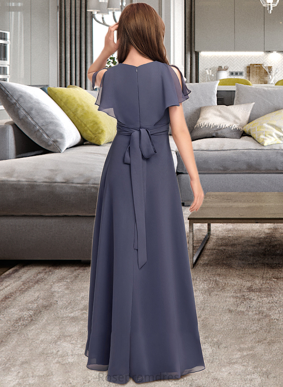 Jaelyn A-Line V-neck Floor-Length Chiffon Junior Bridesmaid Dress With Ruffle Bow(s) SRSP0013369