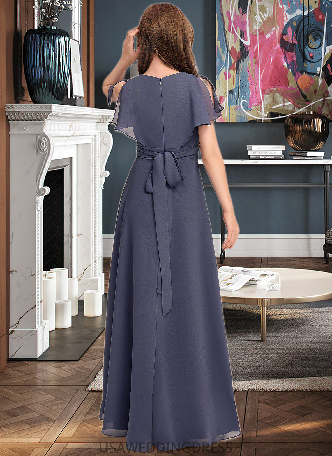 Leia A-Line V-neck Floor-Length Chiffon Junior Bridesmaid Dress With Ruffle Bow(s) DSP0013369