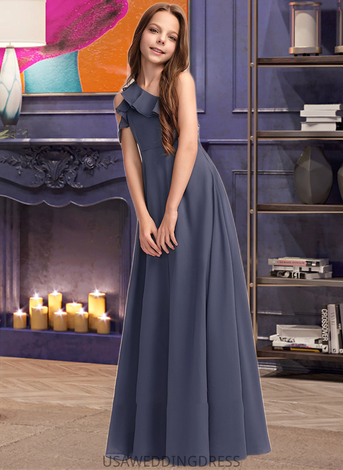 Briana A-Line One-Shoulder Floor-Length Chiffon Junior Bridesmaid Dress With Cascading Ruffles DSP0013370