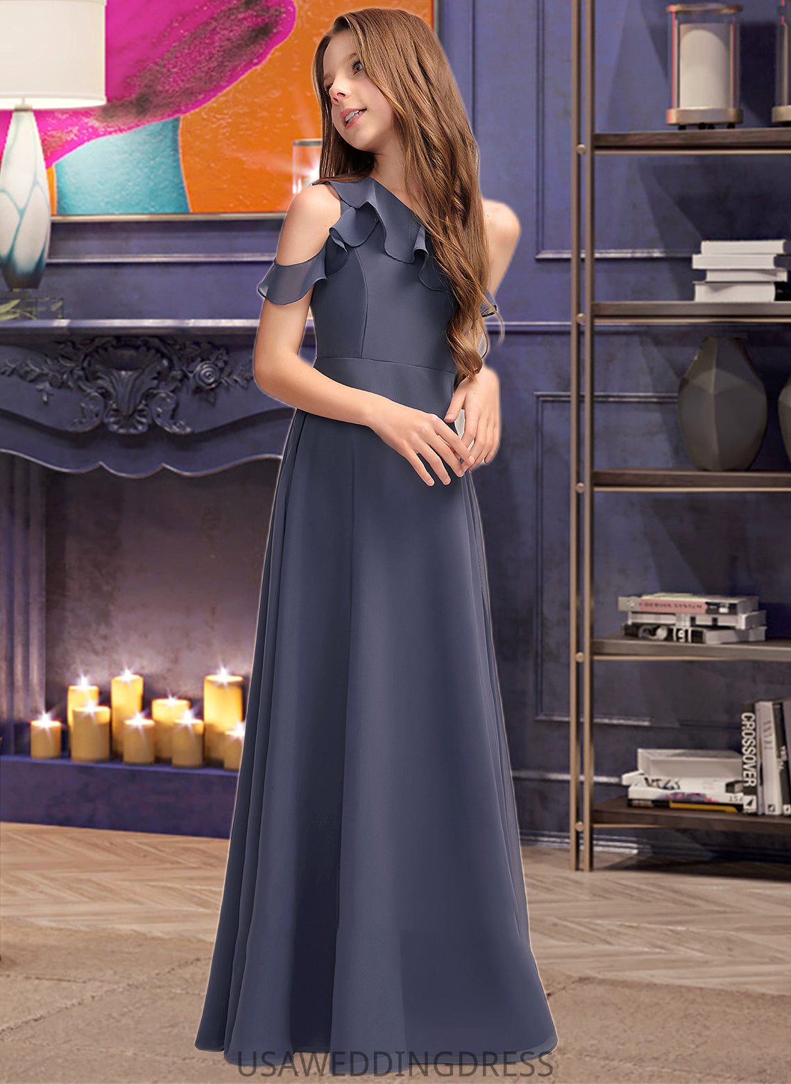 Briana A-Line One-Shoulder Floor-Length Chiffon Junior Bridesmaid Dress With Cascading Ruffles DSP0013370