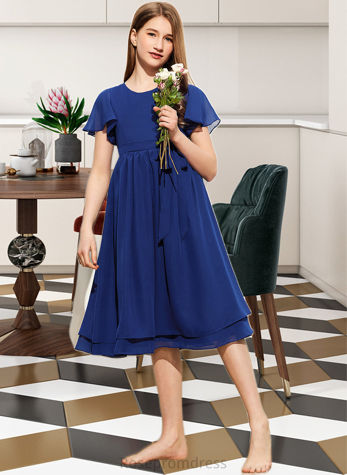 Kaydence A-Line Scoop Neck Knee-Length Chiffon Junior Bridesmaid Dress With Bow(s) SRSP0013372