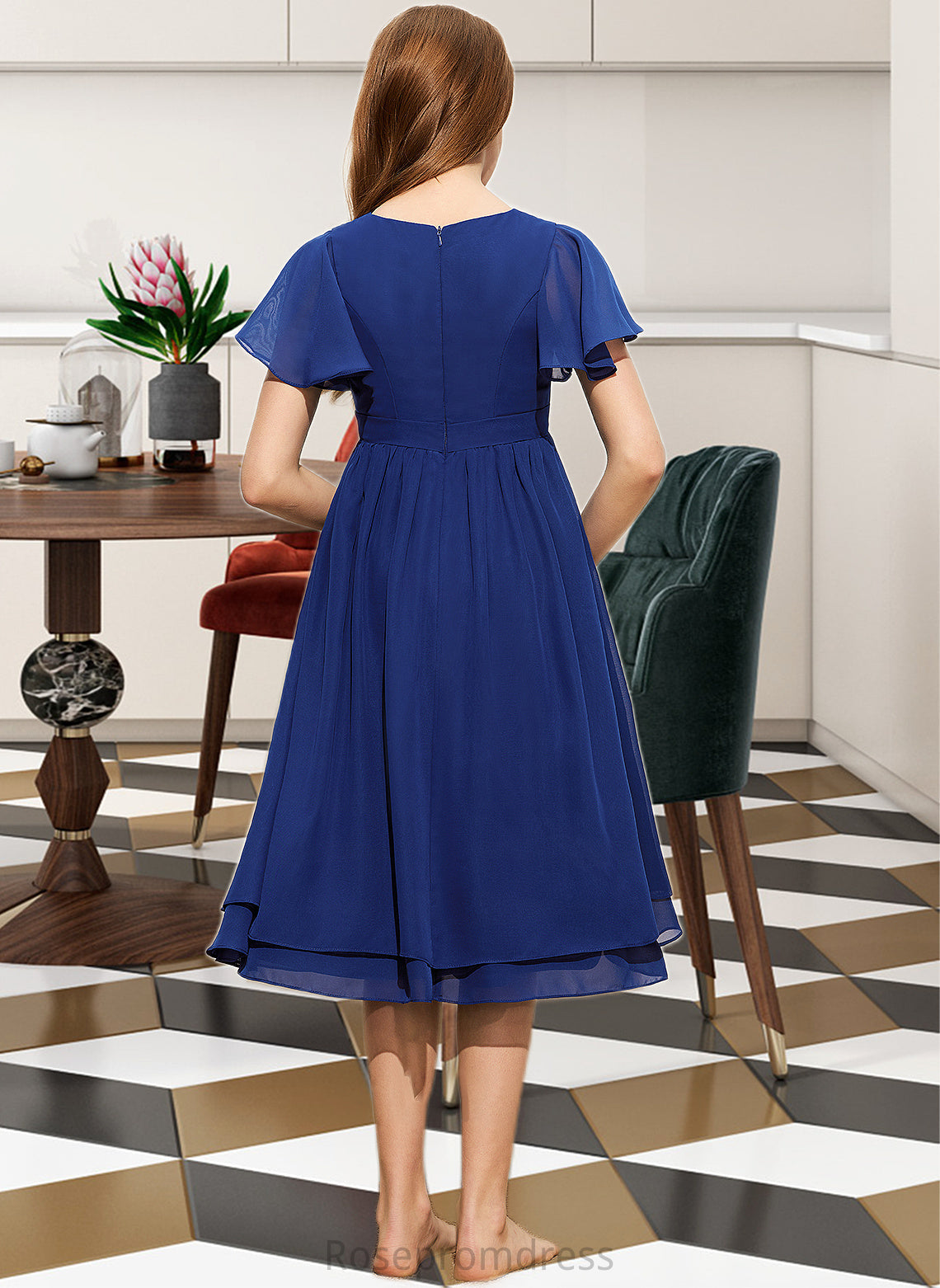 Kaydence A-Line Scoop Neck Knee-Length Chiffon Junior Bridesmaid Dress With Bow(s) SRSP0013372