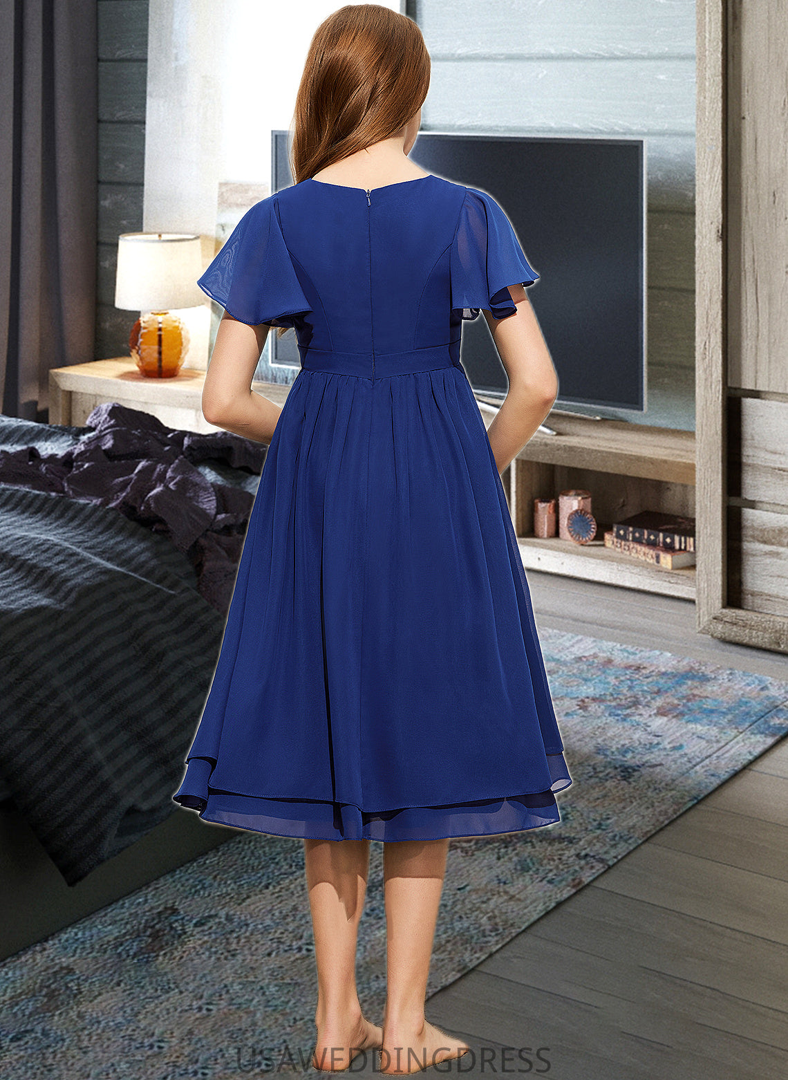 Juliana A-Line Scoop Neck Knee-Length Chiffon Junior Bridesmaid Dress With Bow(s) DSP0013372