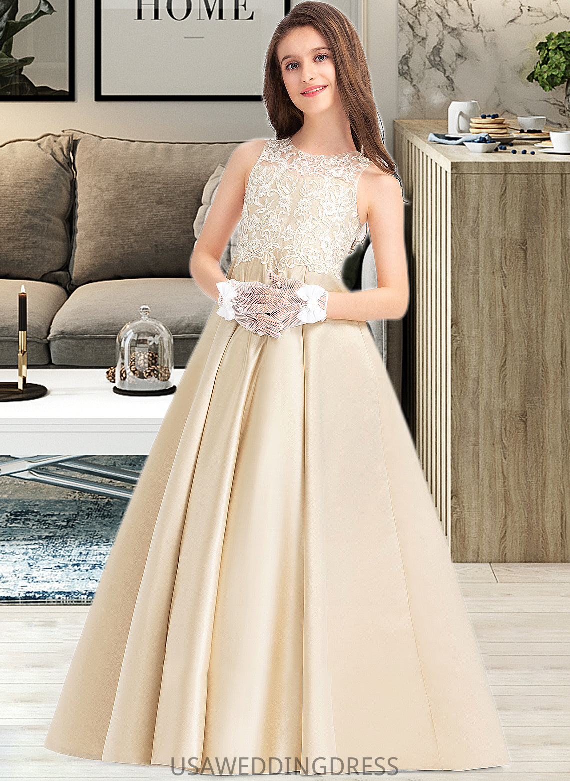 Dahlia Ball-Gown/Princess Scoop Neck Floor-Length Satin Lace Junior Bridesmaid Dress DSP0013374