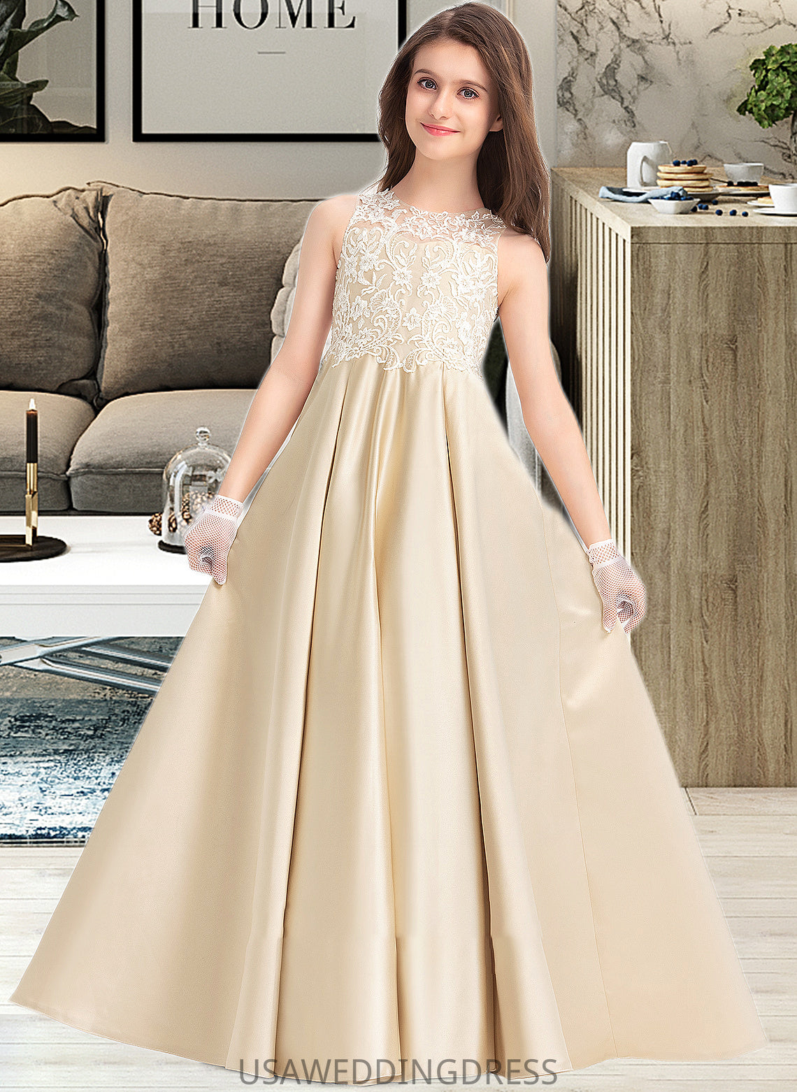 Dahlia Ball-Gown/Princess Scoop Neck Floor-Length Satin Lace Junior Bridesmaid Dress DSP0013374