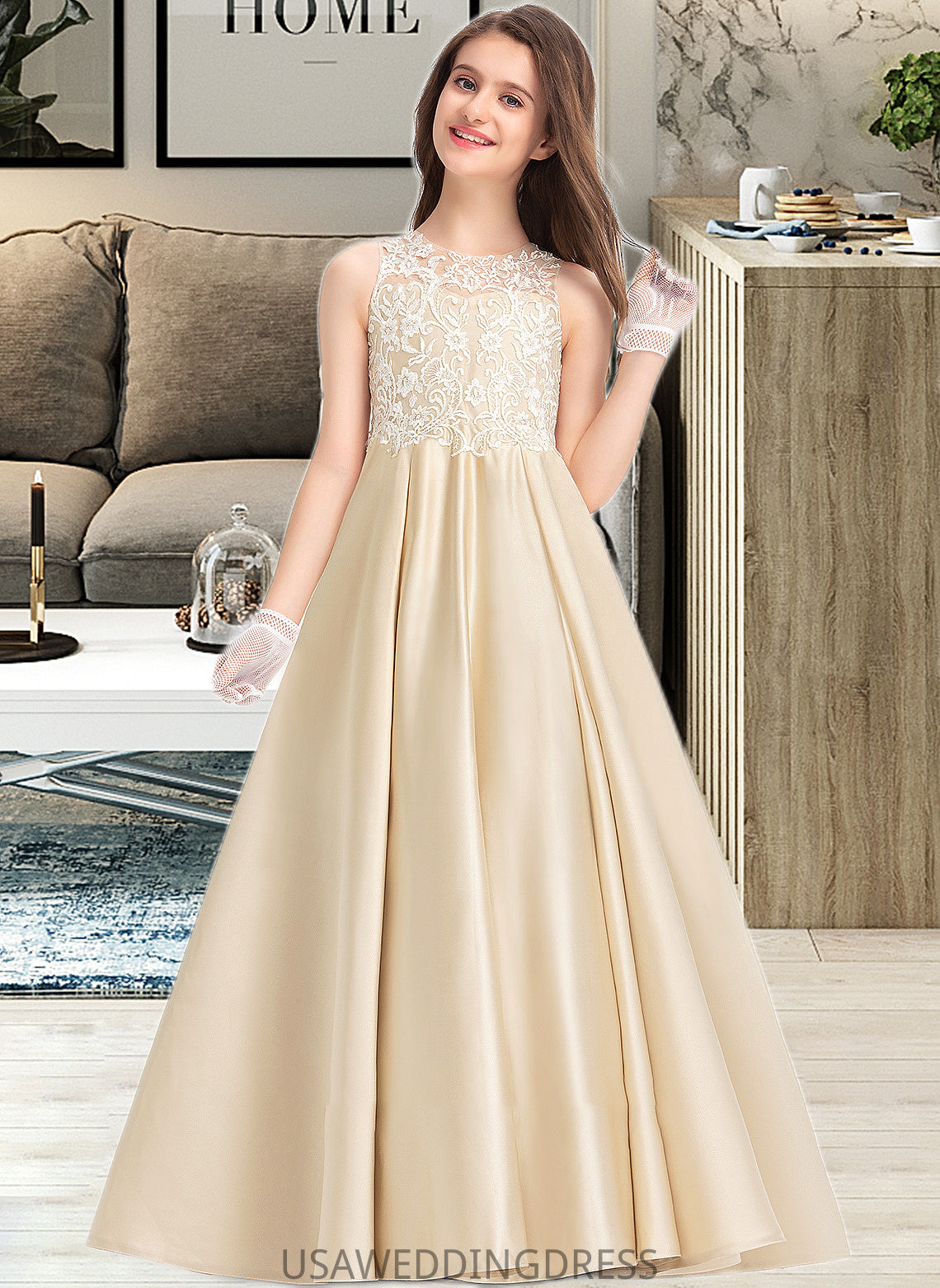 Dahlia Ball-Gown/Princess Scoop Neck Floor-Length Satin Lace Junior Bridesmaid Dress DSP0013374