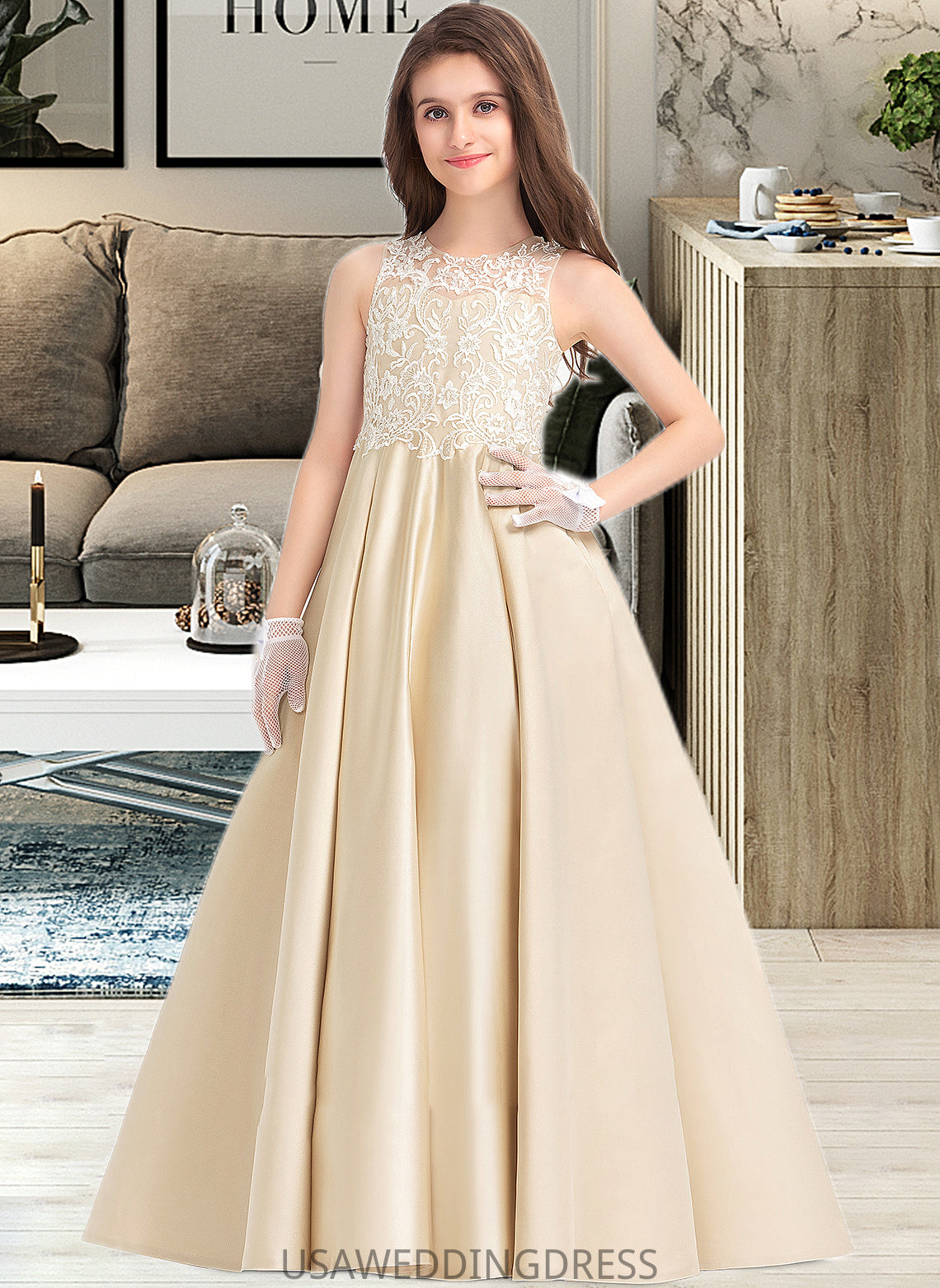 Dahlia Ball-Gown/Princess Scoop Neck Floor-Length Satin Lace Junior Bridesmaid Dress DSP0013374