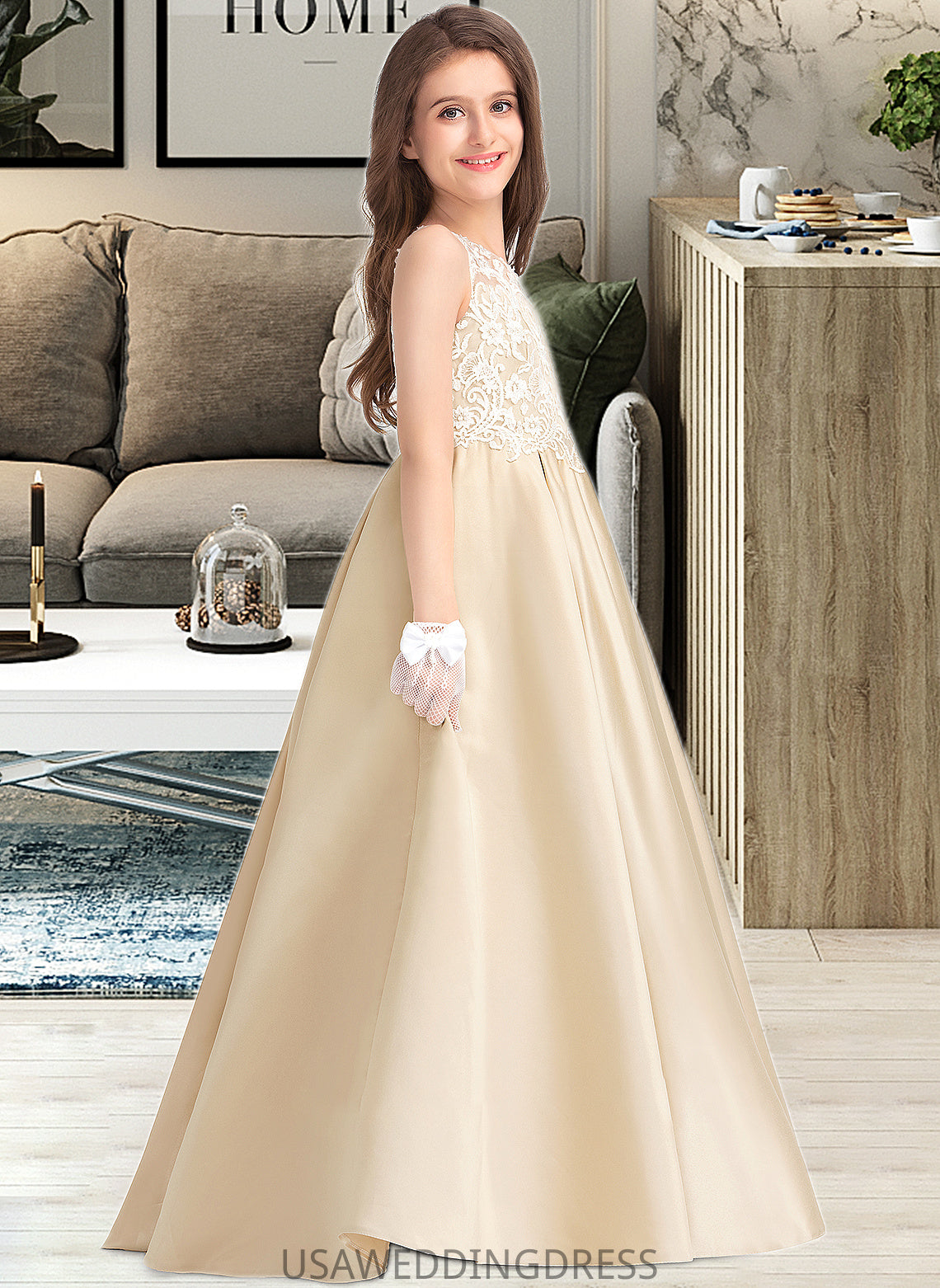 Dahlia Ball-Gown/Princess Scoop Neck Floor-Length Satin Lace Junior Bridesmaid Dress DSP0013374