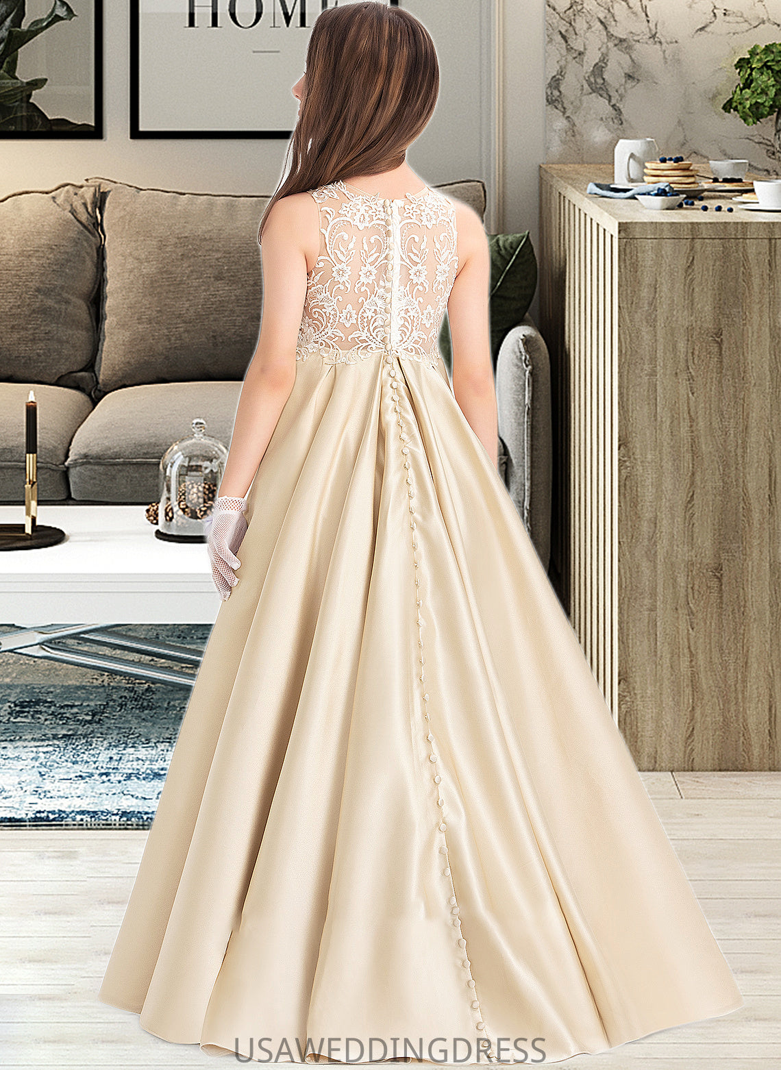 Dahlia Ball-Gown/Princess Scoop Neck Floor-Length Satin Lace Junior Bridesmaid Dress DSP0013374