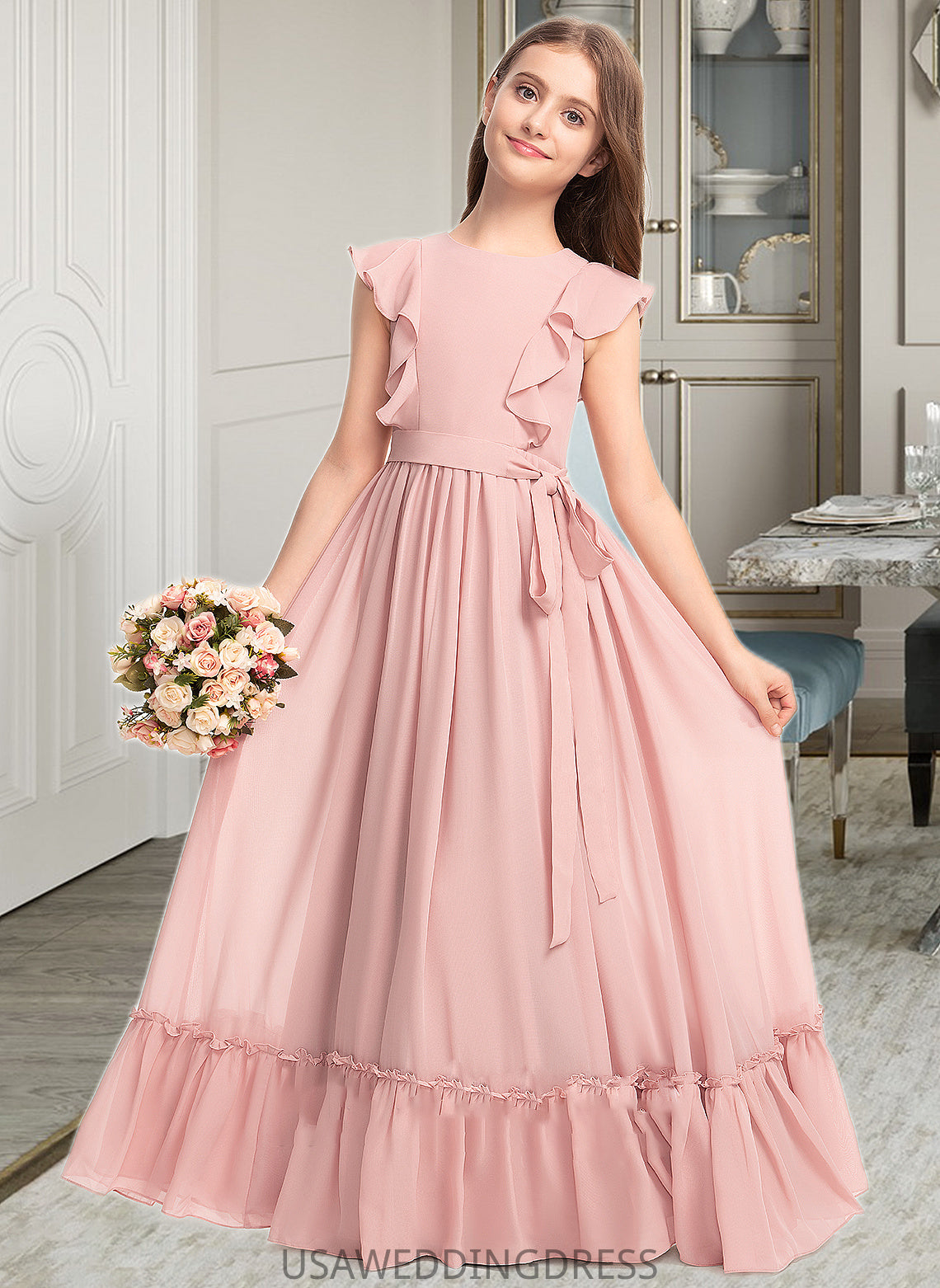 Aspen A-Line Scoop Neck Floor-Length Chiffon Junior Bridesmaid Dress With Bow(s) Cascading Ruffles DSP0013375