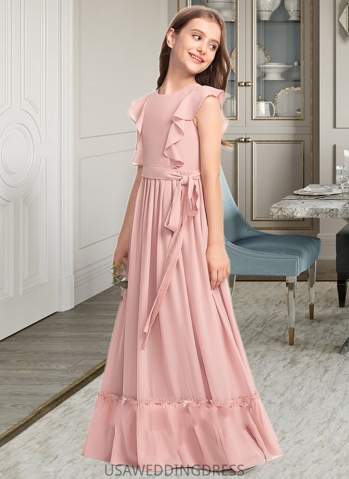 Aspen A-Line Scoop Neck Floor-Length Chiffon Junior Bridesmaid Dress With Bow(s) Cascading Ruffles DSP0013375