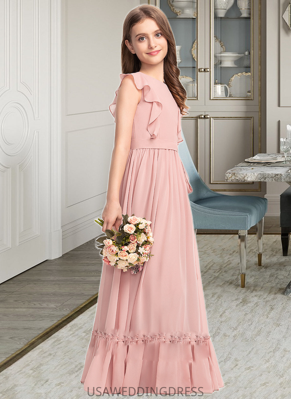 Aspen A-Line Scoop Neck Floor-Length Chiffon Junior Bridesmaid Dress With Bow(s) Cascading Ruffles DSP0013375