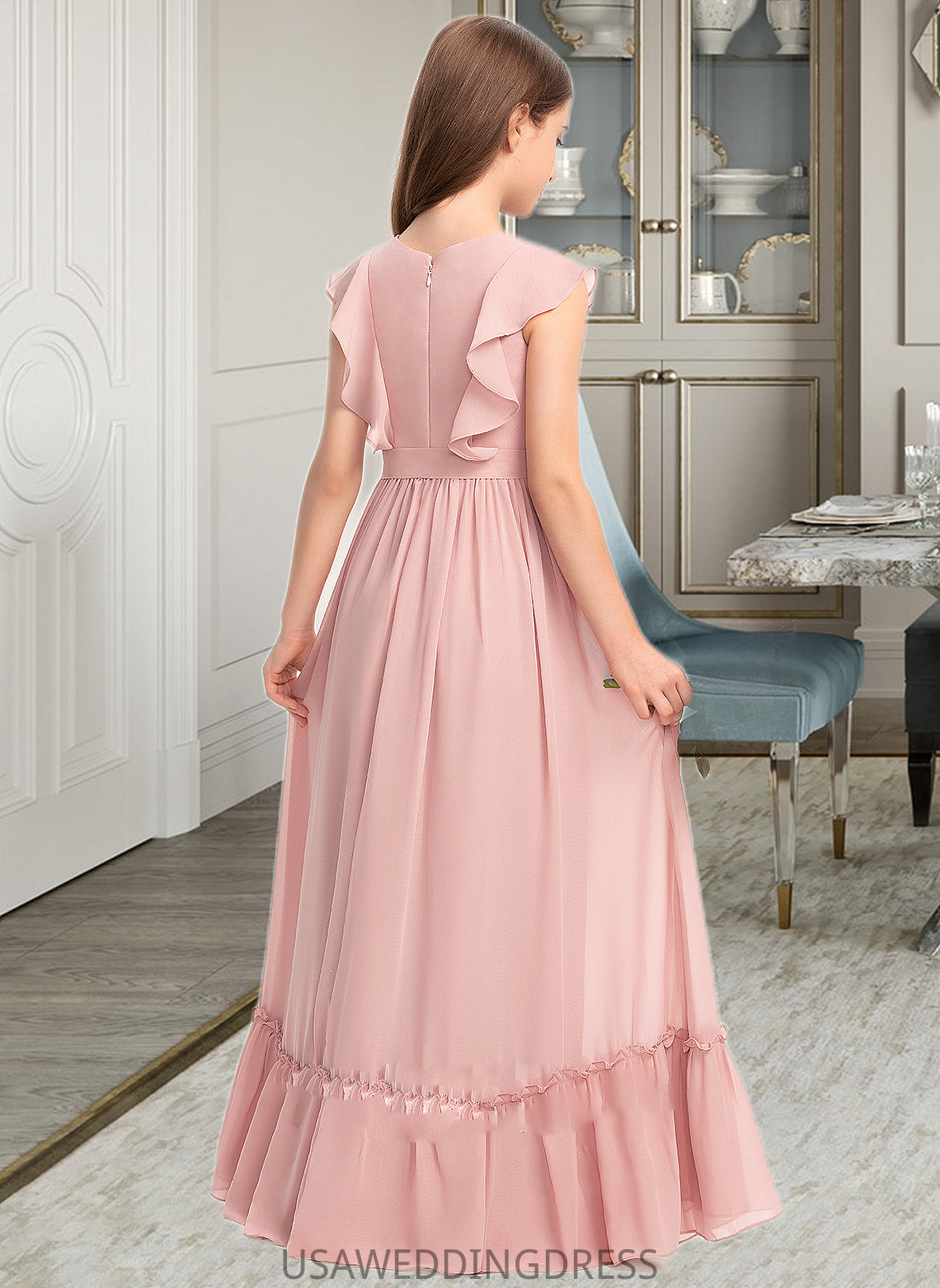 Aspen A-Line Scoop Neck Floor-Length Chiffon Junior Bridesmaid Dress With Bow(s) Cascading Ruffles DSP0013375