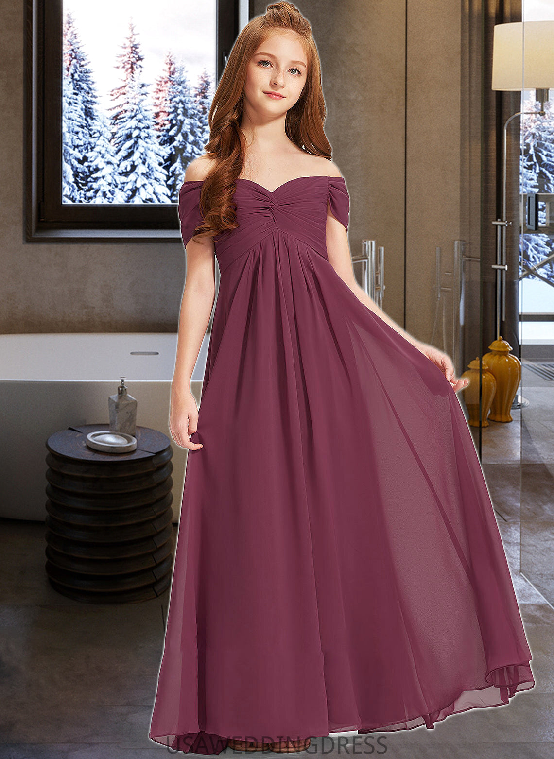 Sofia A-Line Off-the-Shoulder Floor-Length Chiffon Junior Bridesmaid Dress With Ruffle DSP0013376