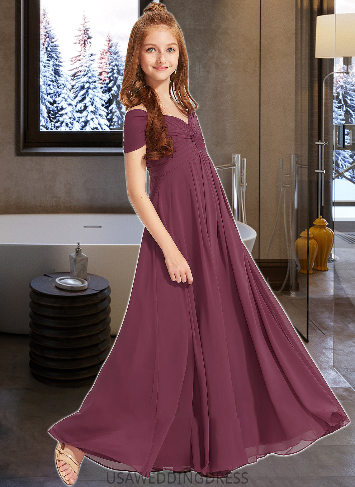 Sofia A-Line Off-the-Shoulder Floor-Length Chiffon Junior Bridesmaid Dress With Ruffle DSP0013376