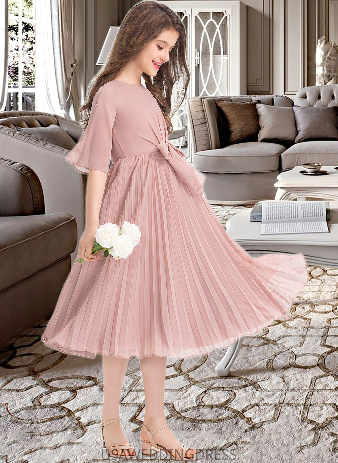 Dana A-Line Scoop Neck Knee-Length Chiffon Junior Bridesmaid Dress With Bow(s) Pleated DSP0013377