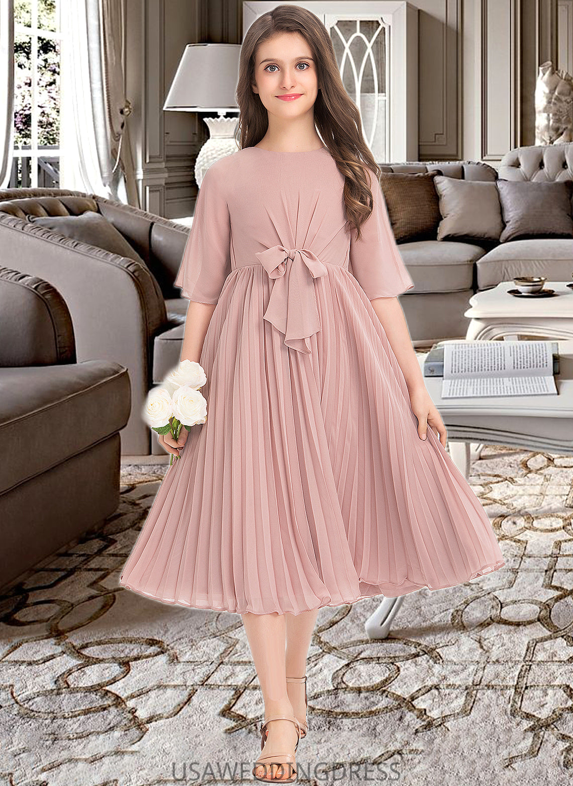 Dana A-Line Scoop Neck Knee-Length Chiffon Junior Bridesmaid Dress With Bow(s) Pleated DSP0013377