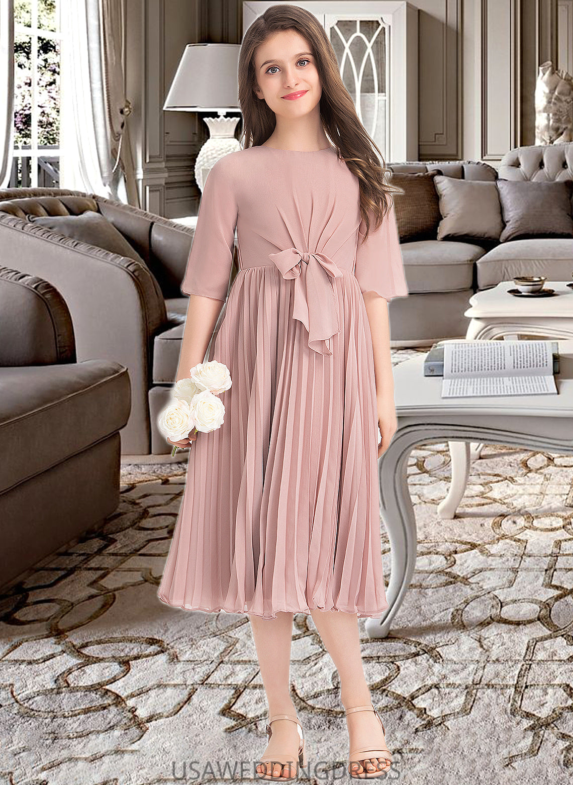 Dana A-Line Scoop Neck Knee-Length Chiffon Junior Bridesmaid Dress With Bow(s) Pleated DSP0013377