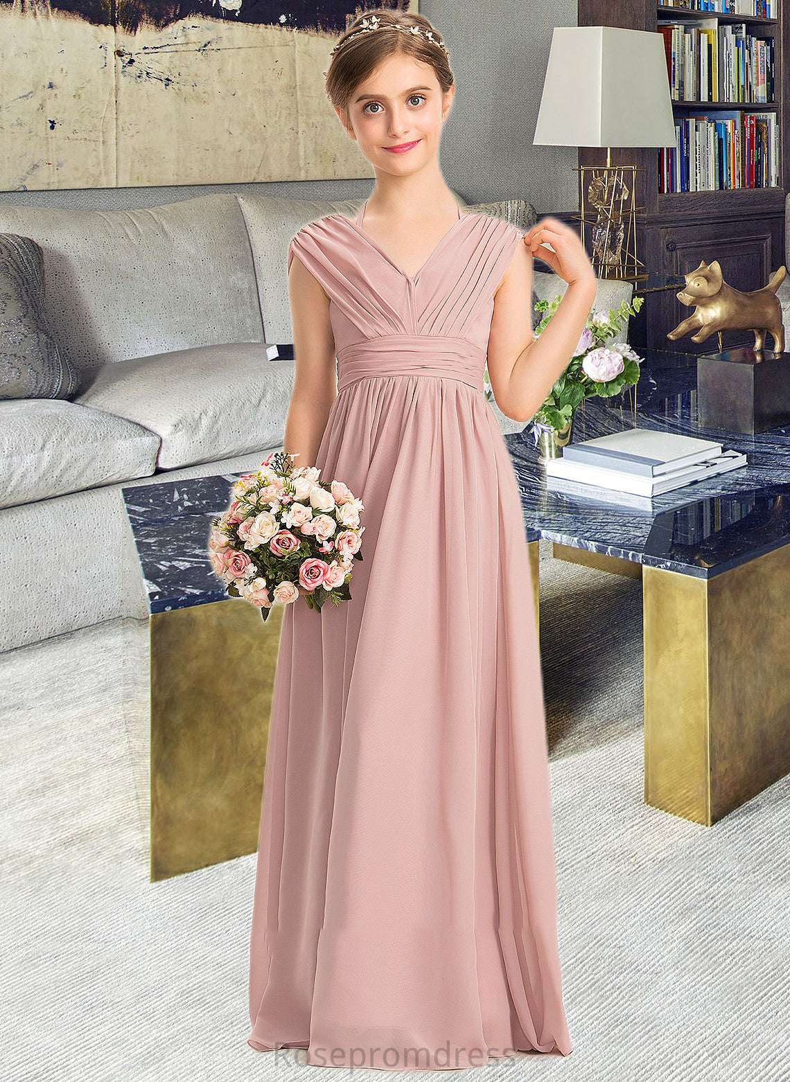 Cailyn A-Line V-neck Floor-Length Chiffon Junior Bridesmaid Dress With Ruffle Bow(s) SRSP0013378