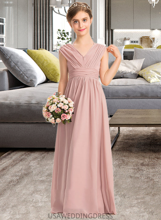 Mignon A-Line V-neck Floor-Length Chiffon Junior Bridesmaid Dress With Ruffle Bow(s) DSP0013378