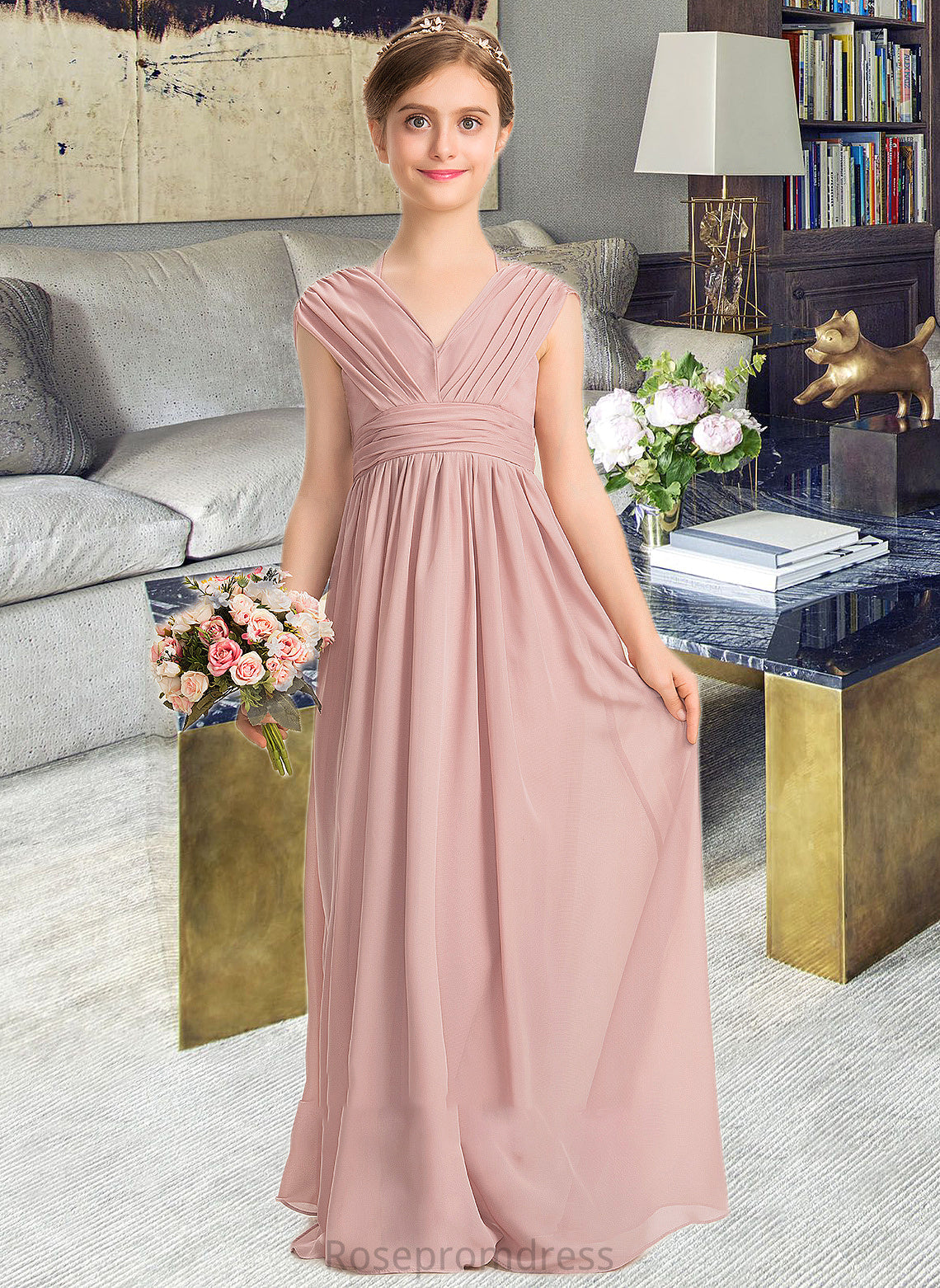 Cailyn A-Line V-neck Floor-Length Chiffon Junior Bridesmaid Dress With Ruffle Bow(s) SRSP0013378