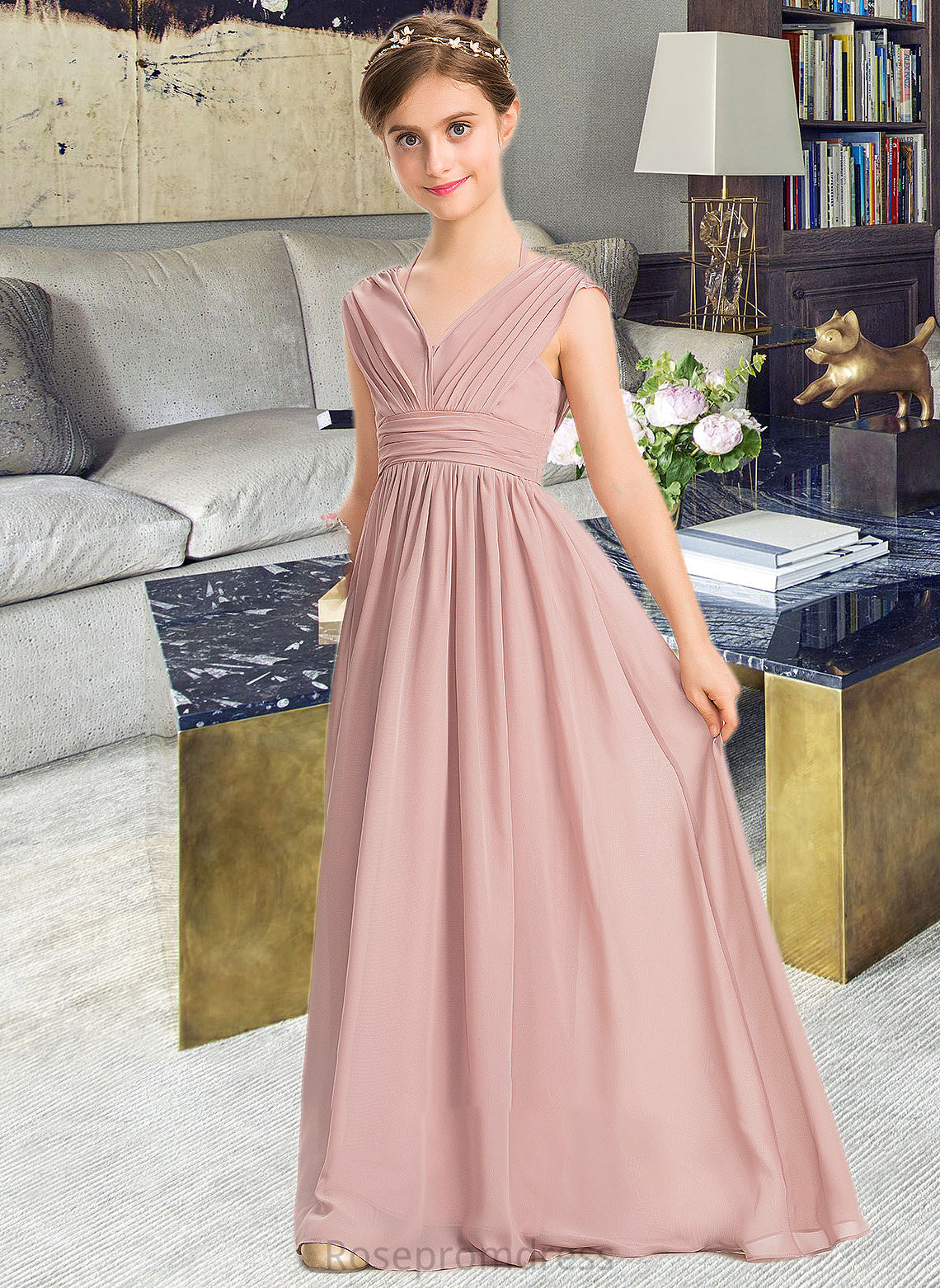 Cailyn A-Line V-neck Floor-Length Chiffon Junior Bridesmaid Dress With Ruffle Bow(s) SRSP0013378