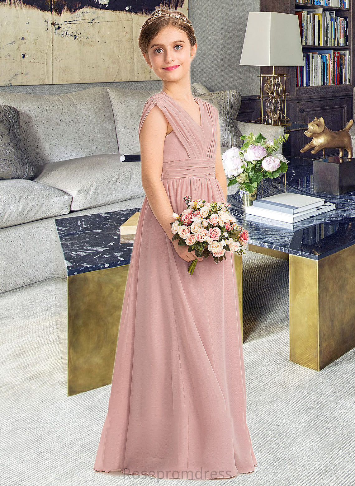 Cailyn A-Line V-neck Floor-Length Chiffon Junior Bridesmaid Dress With Ruffle Bow(s) SRSP0013378