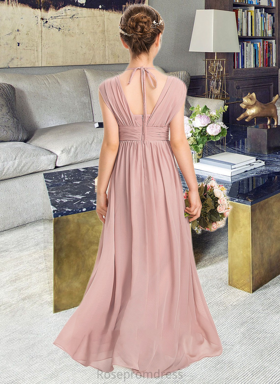 Cailyn A-Line V-neck Floor-Length Chiffon Junior Bridesmaid Dress With Ruffle Bow(s) SRSP0013378