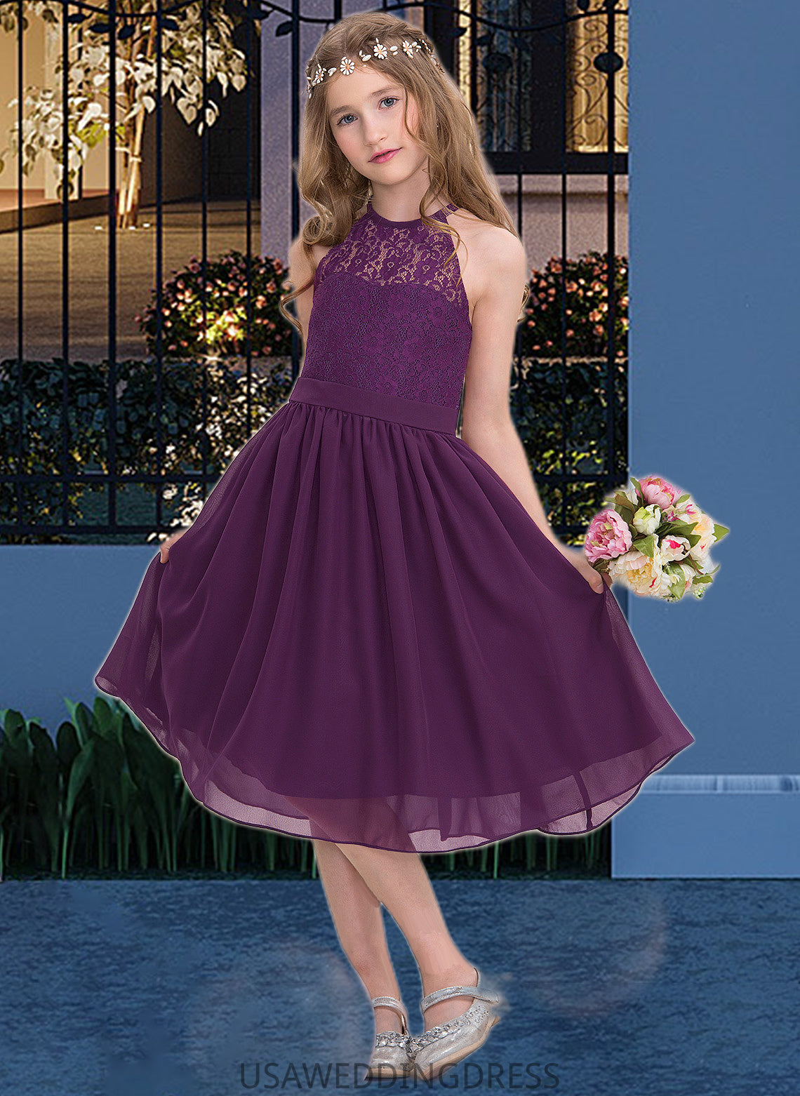 Polly A-Line Scoop Neck Knee-Length Chiffon Junior Bridesmaid Dress DSP0013379