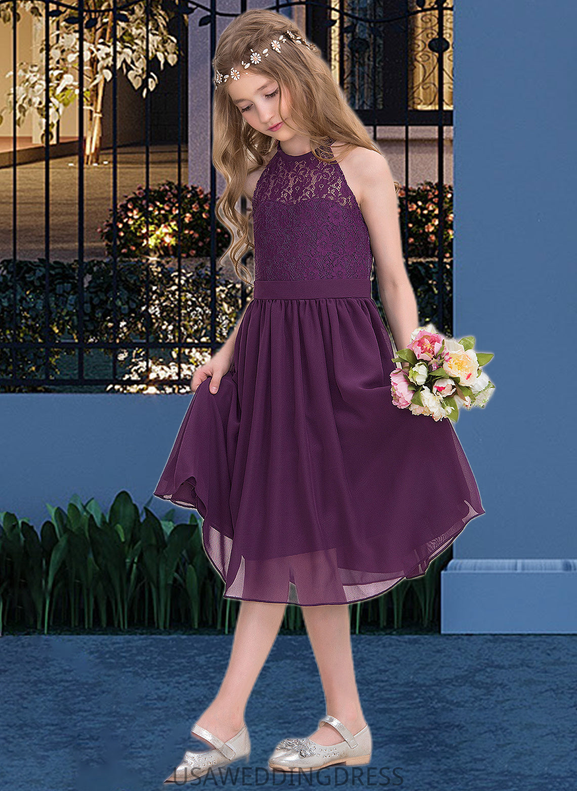 Polly A-Line Scoop Neck Knee-Length Chiffon Junior Bridesmaid Dress DSP0013379