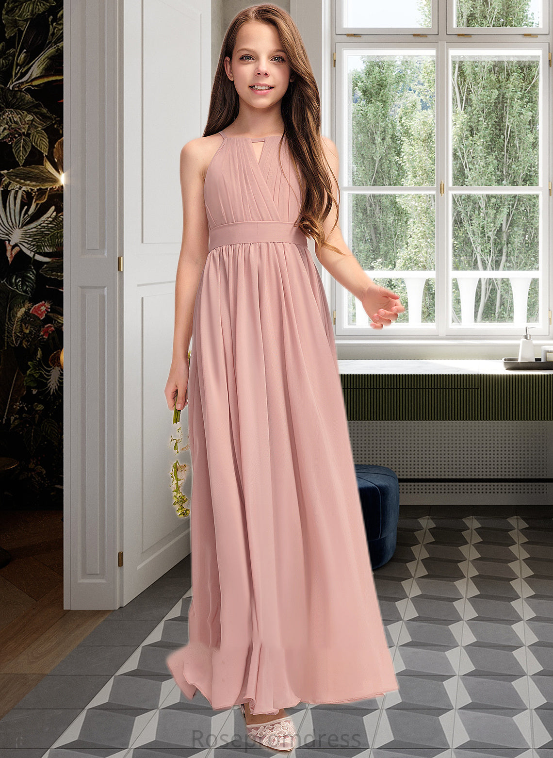 Yasmin A-Line Scoop Neck Floor-Length Chiffon Junior Bridesmaid Dress With Ruffle Bow(s) SRSP0013380