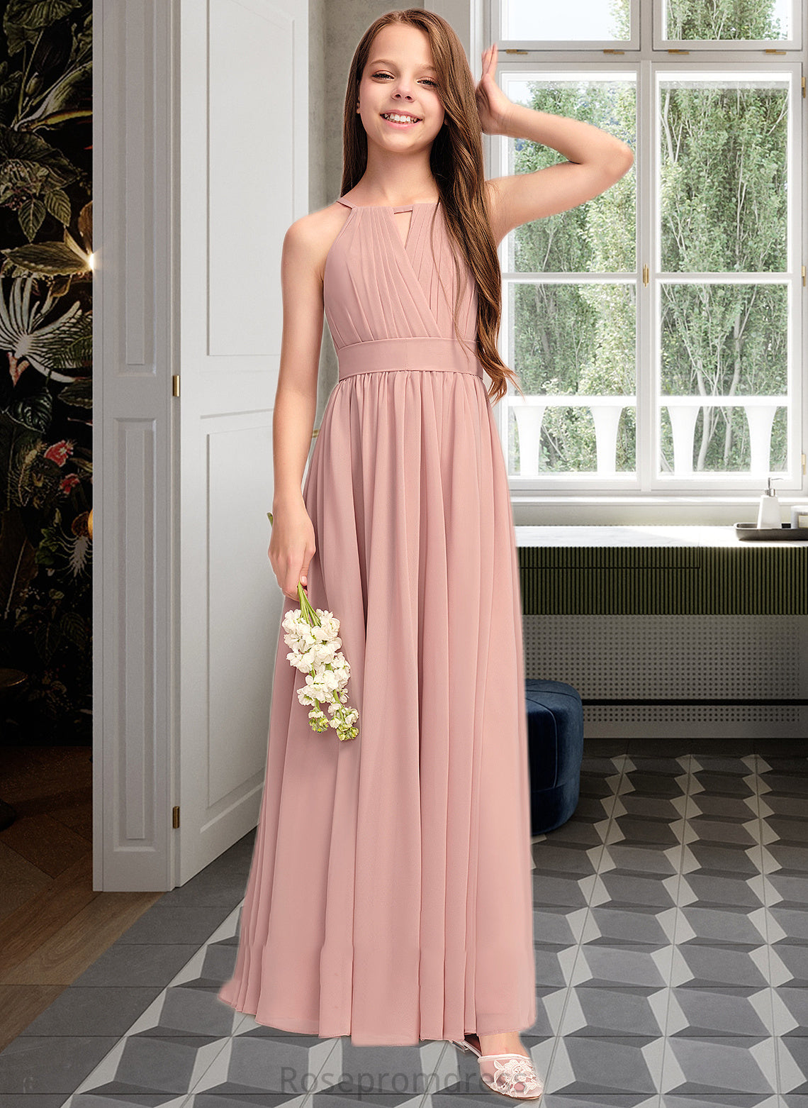 Yasmin A-Line Scoop Neck Floor-Length Chiffon Junior Bridesmaid Dress With Ruffle Bow(s) SRSP0013380