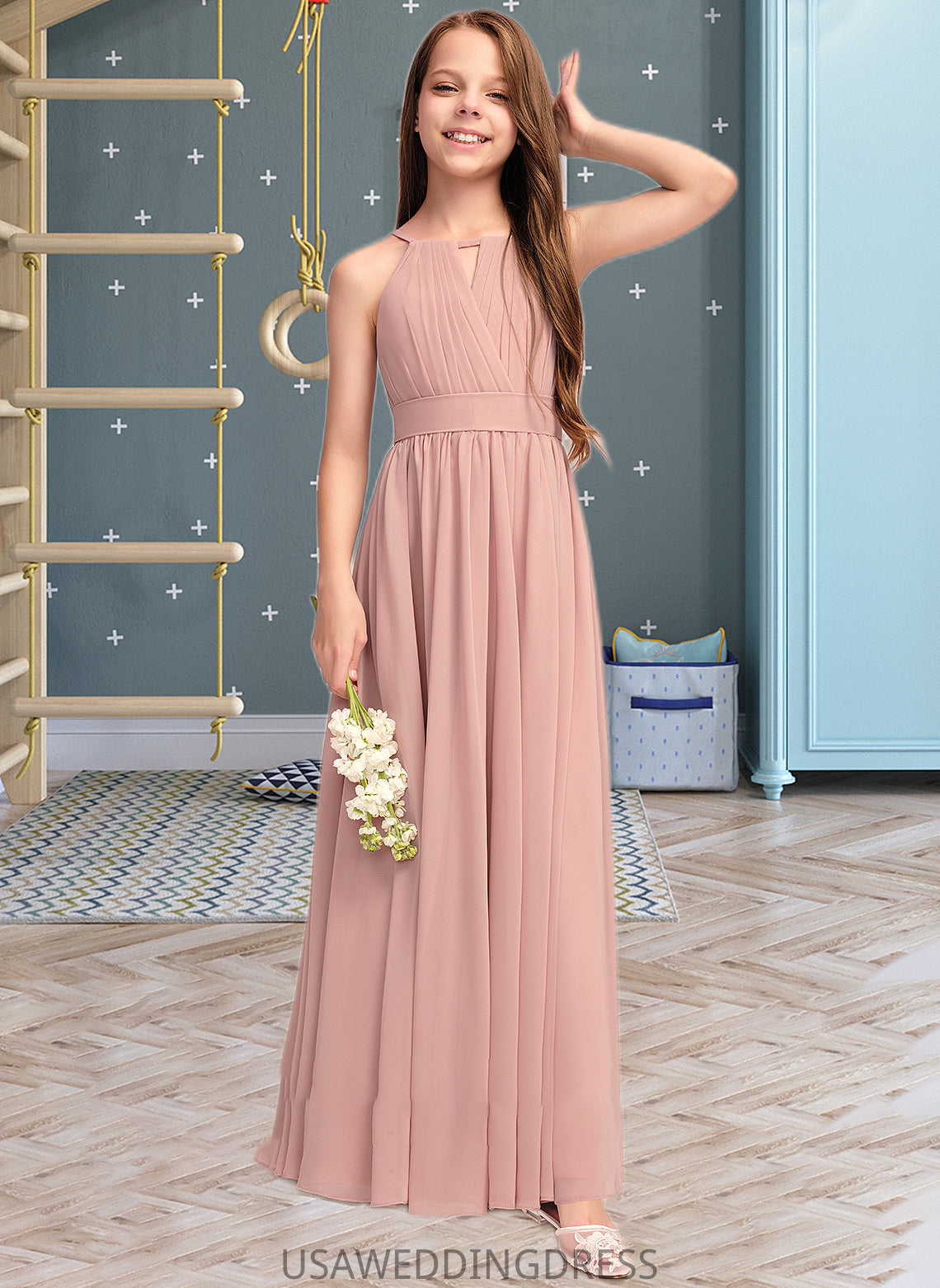 Rosalie A-Line Scoop Neck Floor-Length Chiffon Junior Bridesmaid Dress With Ruffle Bow(s) DSP0013380