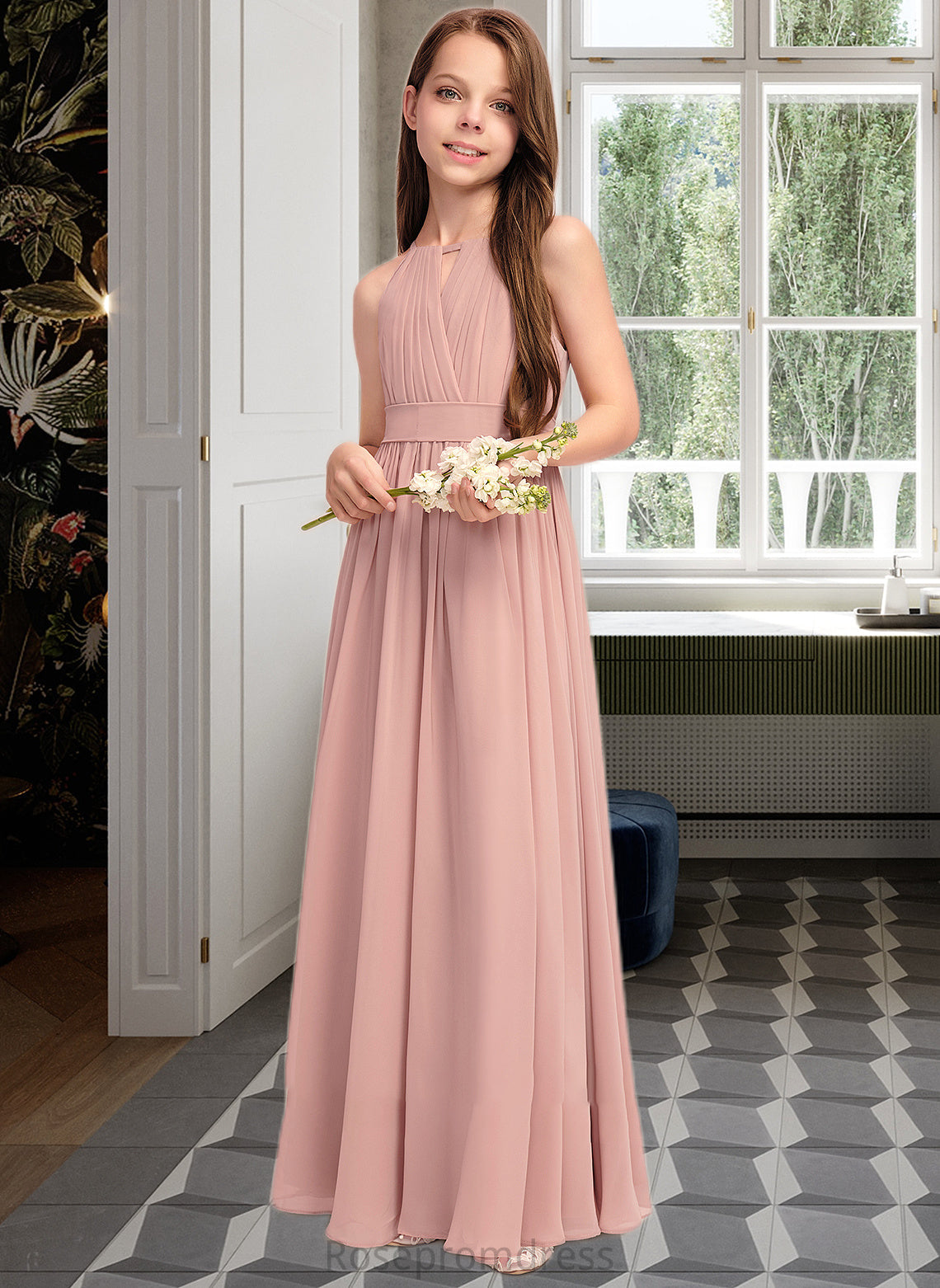 Yasmin A-Line Scoop Neck Floor-Length Chiffon Junior Bridesmaid Dress With Ruffle Bow(s) SRSP0013380