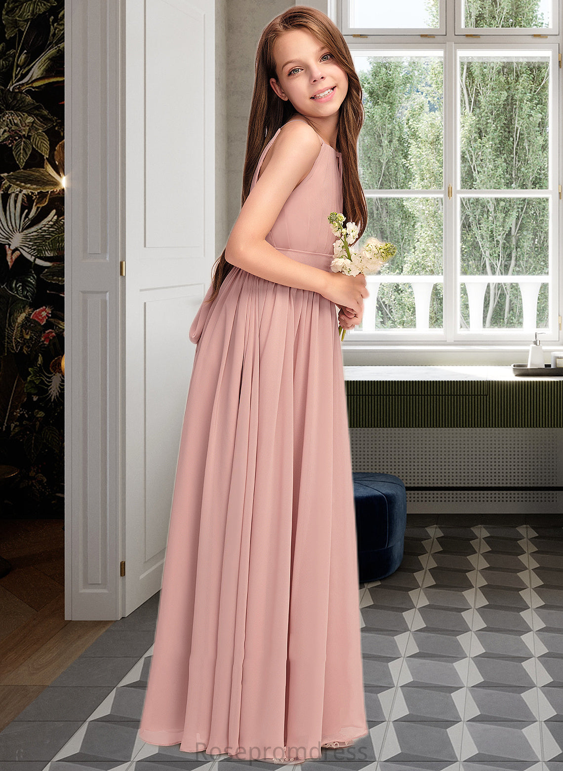 Yasmin A-Line Scoop Neck Floor-Length Chiffon Junior Bridesmaid Dress With Ruffle Bow(s) SRSP0013380