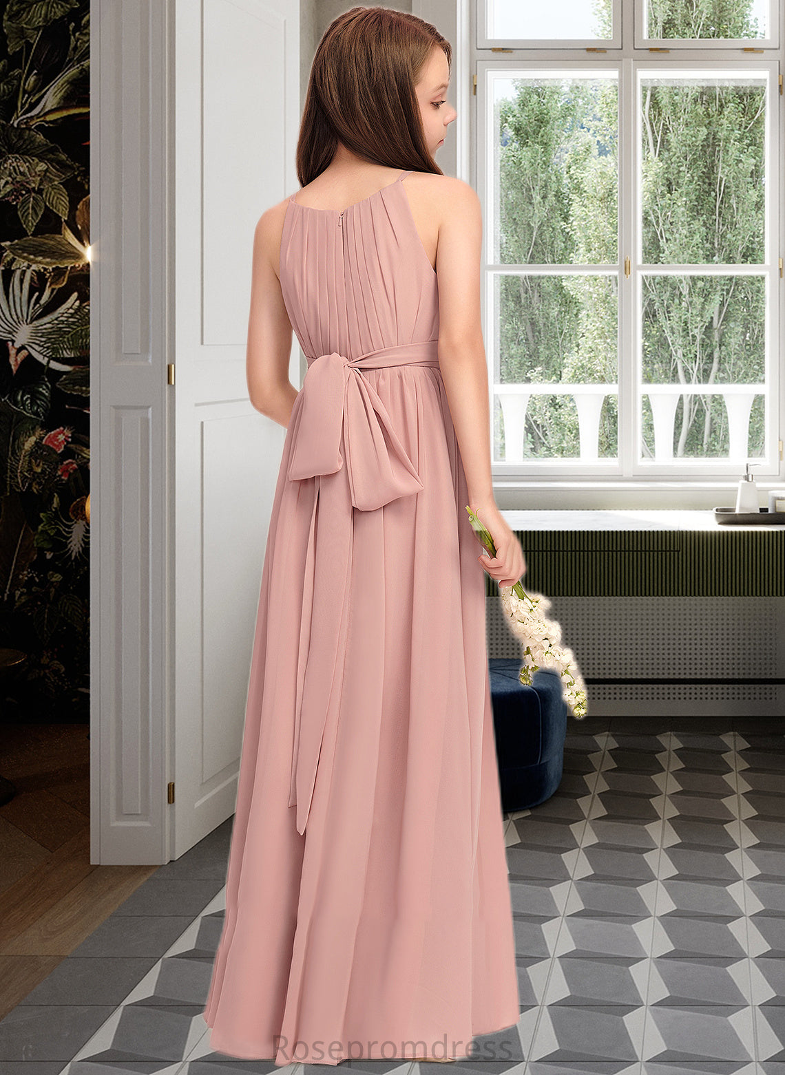 Yasmin A-Line Scoop Neck Floor-Length Chiffon Junior Bridesmaid Dress With Ruffle Bow(s) SRSP0013380