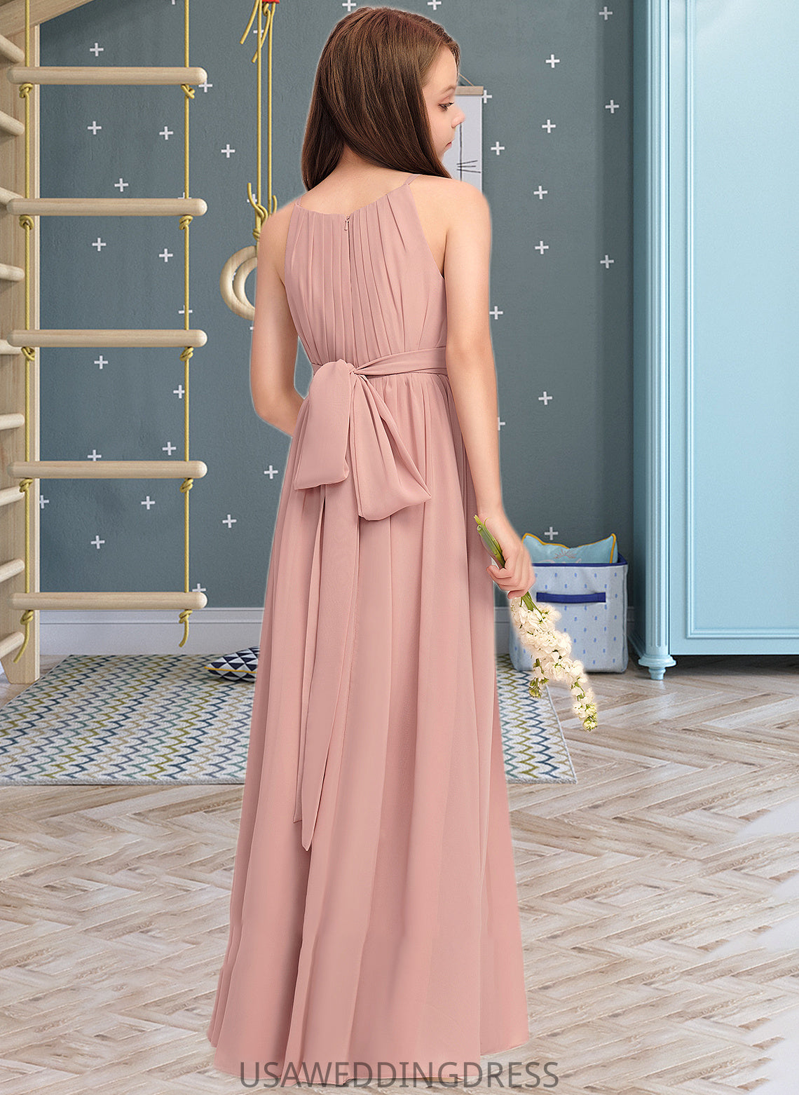 Rosalie A-Line Scoop Neck Floor-Length Chiffon Junior Bridesmaid Dress With Ruffle Bow(s) DSP0013380